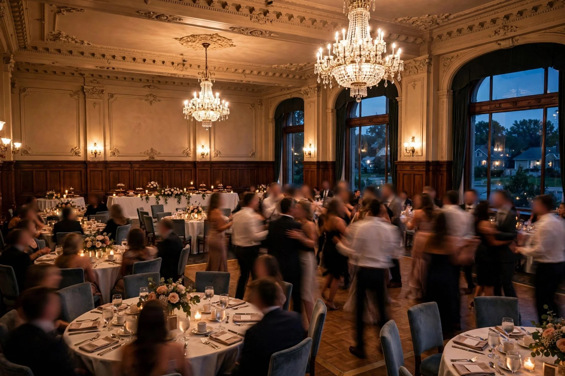 Warm wedding reception inside a classic South Side Chicago banquet hall near Oak Lawn with chandeliers, round tables and guests dancing