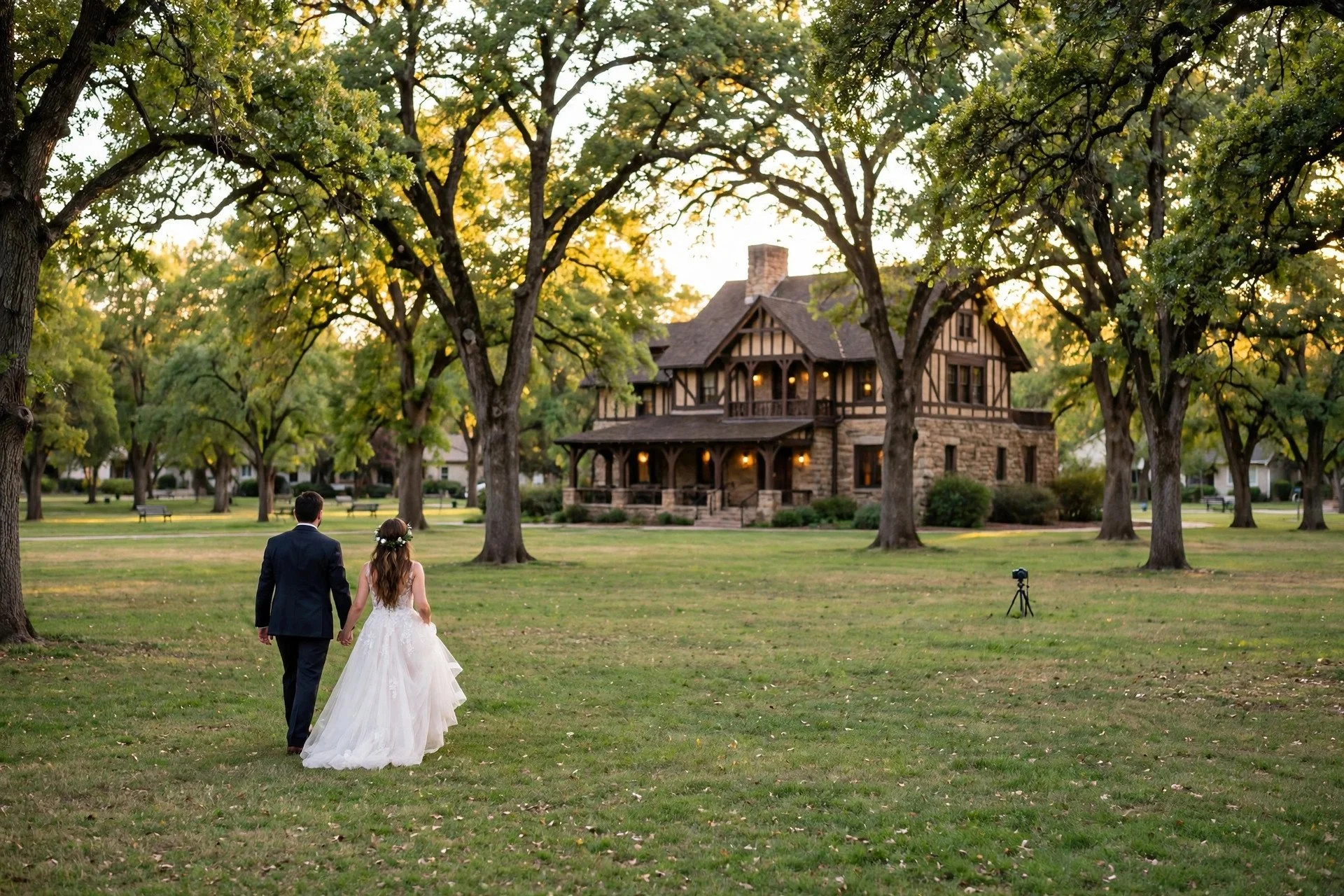 Bride and groom walking through Katherine Legge Memorial Park in Hinsdale, Illinois, with mature oak trees, a historic stone lodge and a small DSLR camera on a tripod filming discreetly in the background