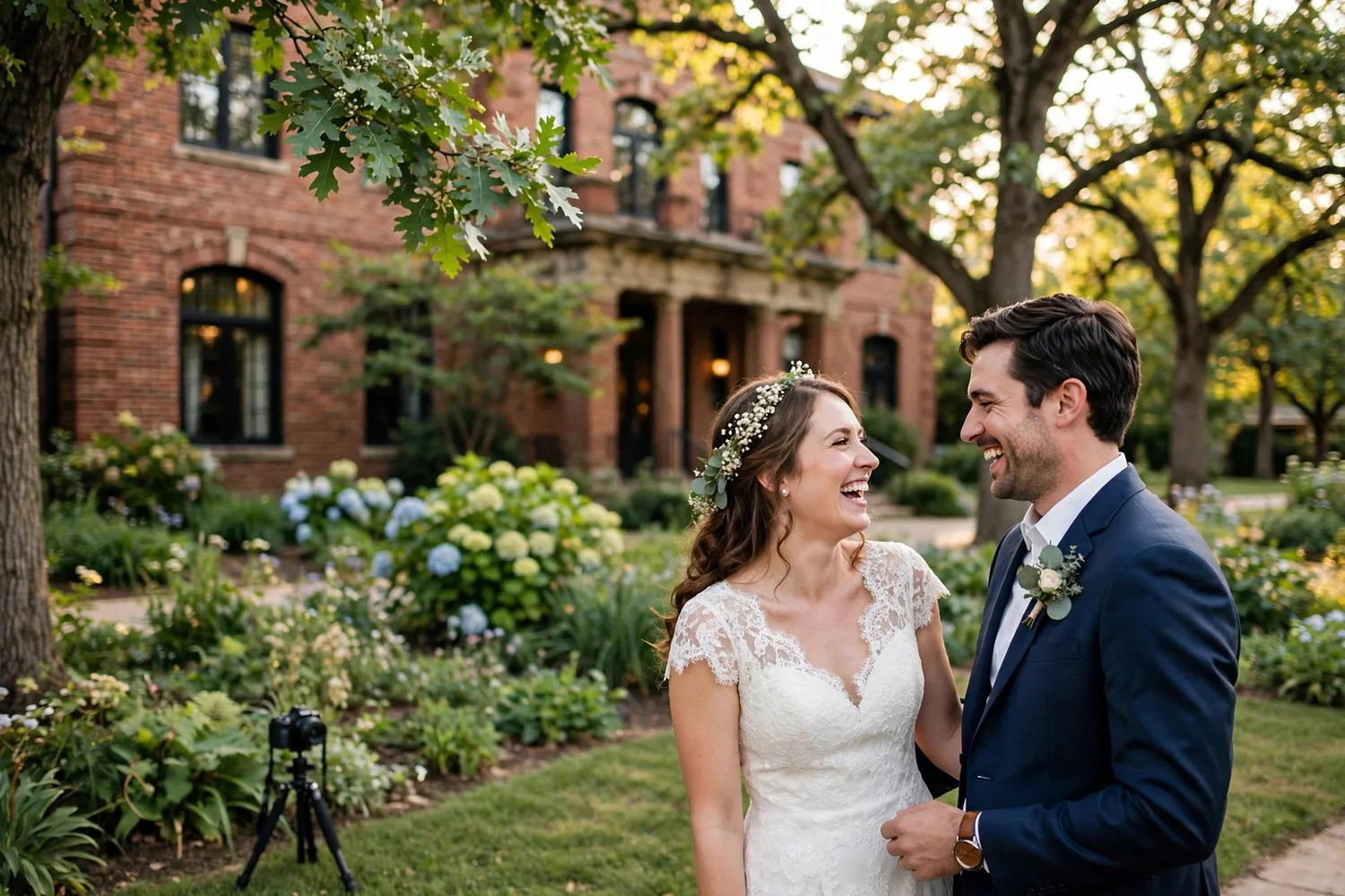Bride and groom laughing naturally during portraits in a suburban Midwest garden with oak trees and a brick venue behind them, small DSLR camera on a tripod nearby capturing the moment unobtrusively.