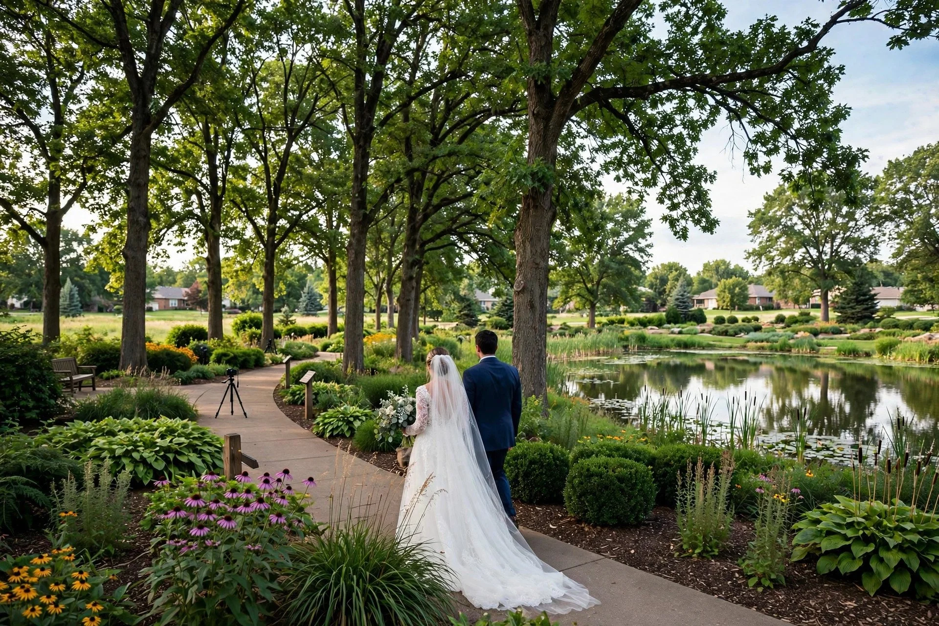 Bride and groom walking under tall oak trees at Morton Arboretum in Lisle, Illinois, with a lake and gardens, and a small DSLR camera on a tripod filming discreetly