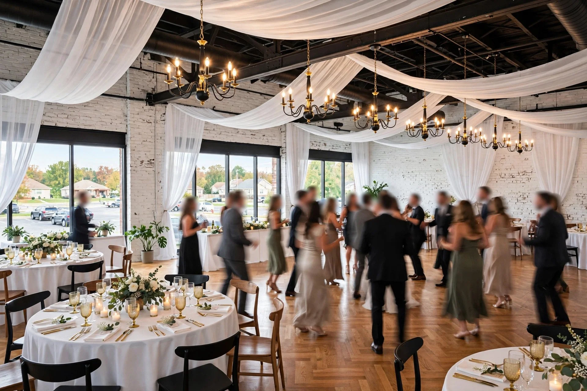 Bright modern wedding reception inside a white-brick loft venue in Carol Stream, Illinois, with flowing white drapes, black and gold chandeliers, polished wood floors and guests dancing