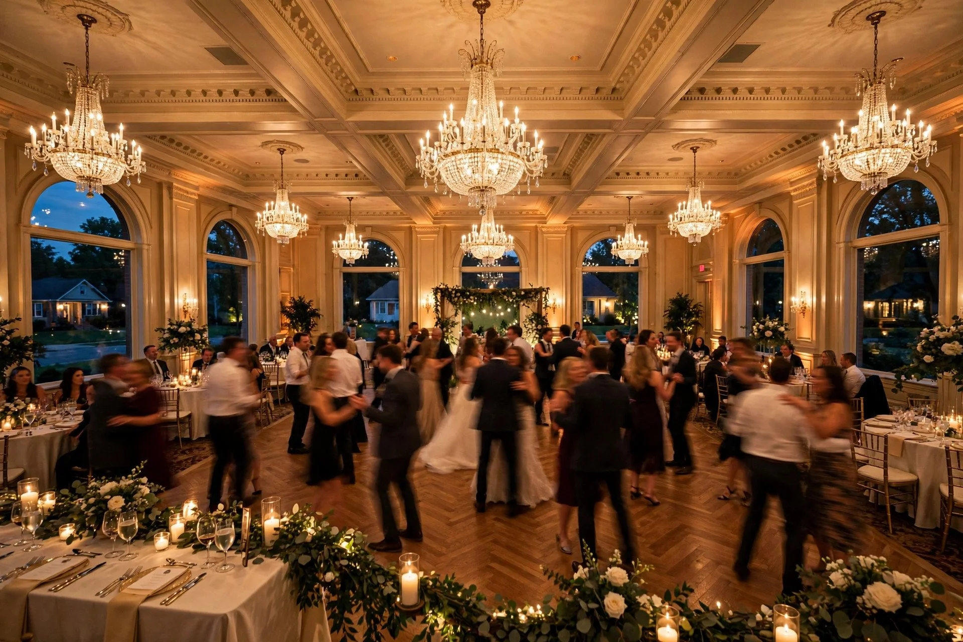 Elegant wedding reception in a grand banquet ballroom in Downers Grove with crystal chandeliers, warm light and guests dancing