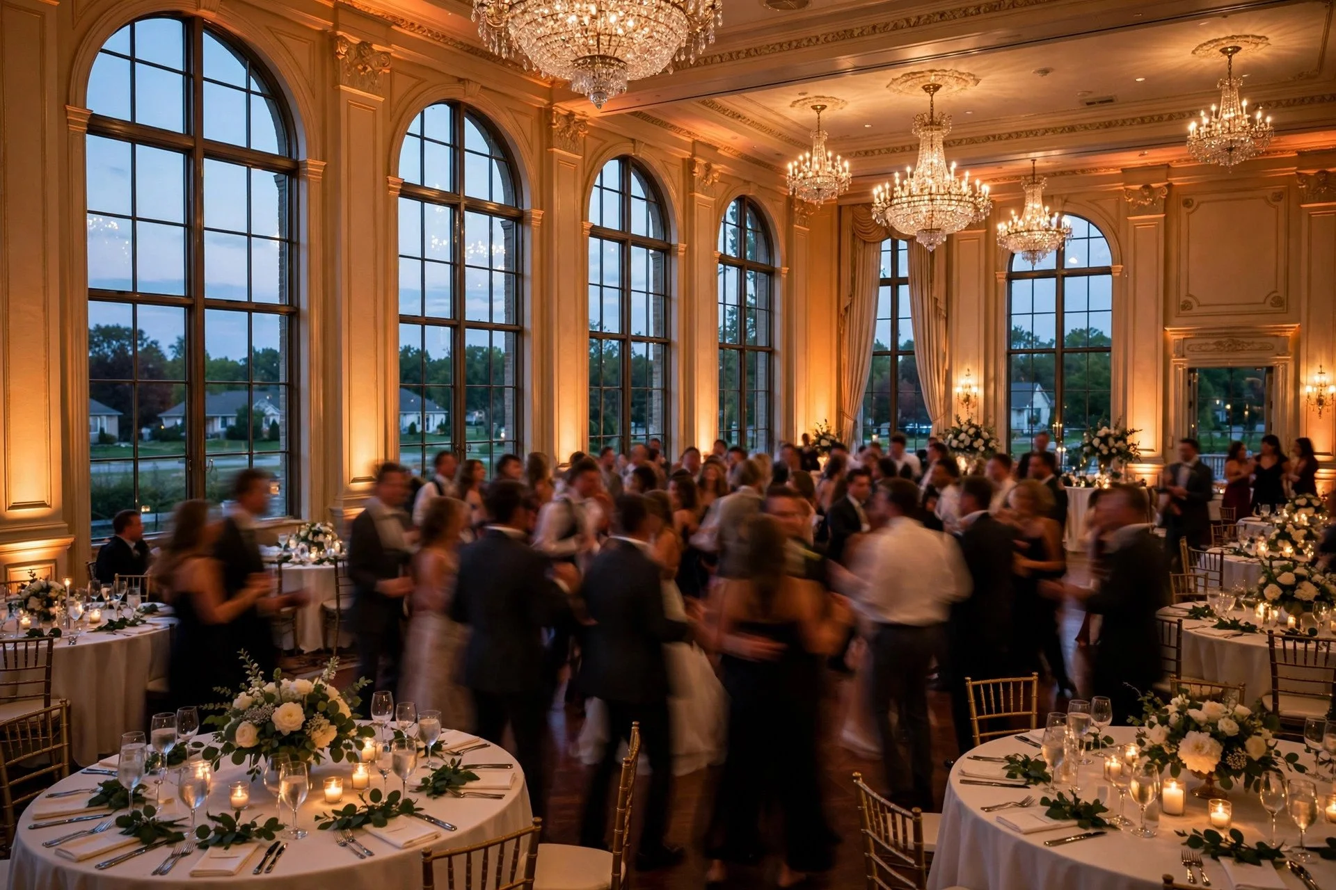 Elegant wedding reception in a Northbrook hotel ballroom with tall windows, warm uplighting, and guests dancing under chandeliers