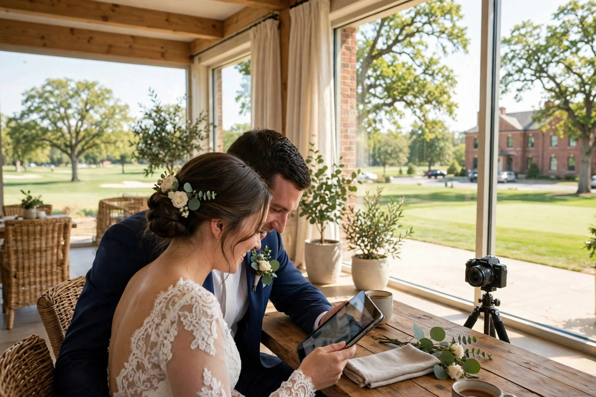 Couple reviewing wedding videography package options together at home, with a small DSLR camera on a tripod visible in the background at a suburban Midwest ballroom venue with oak trees outside.