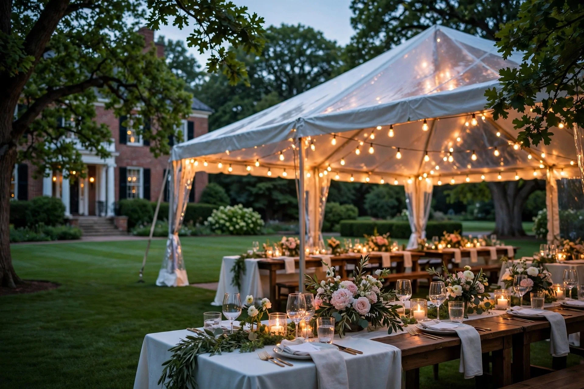 Outdoor tent wedding reception on manicured lawns at dusk with string lights