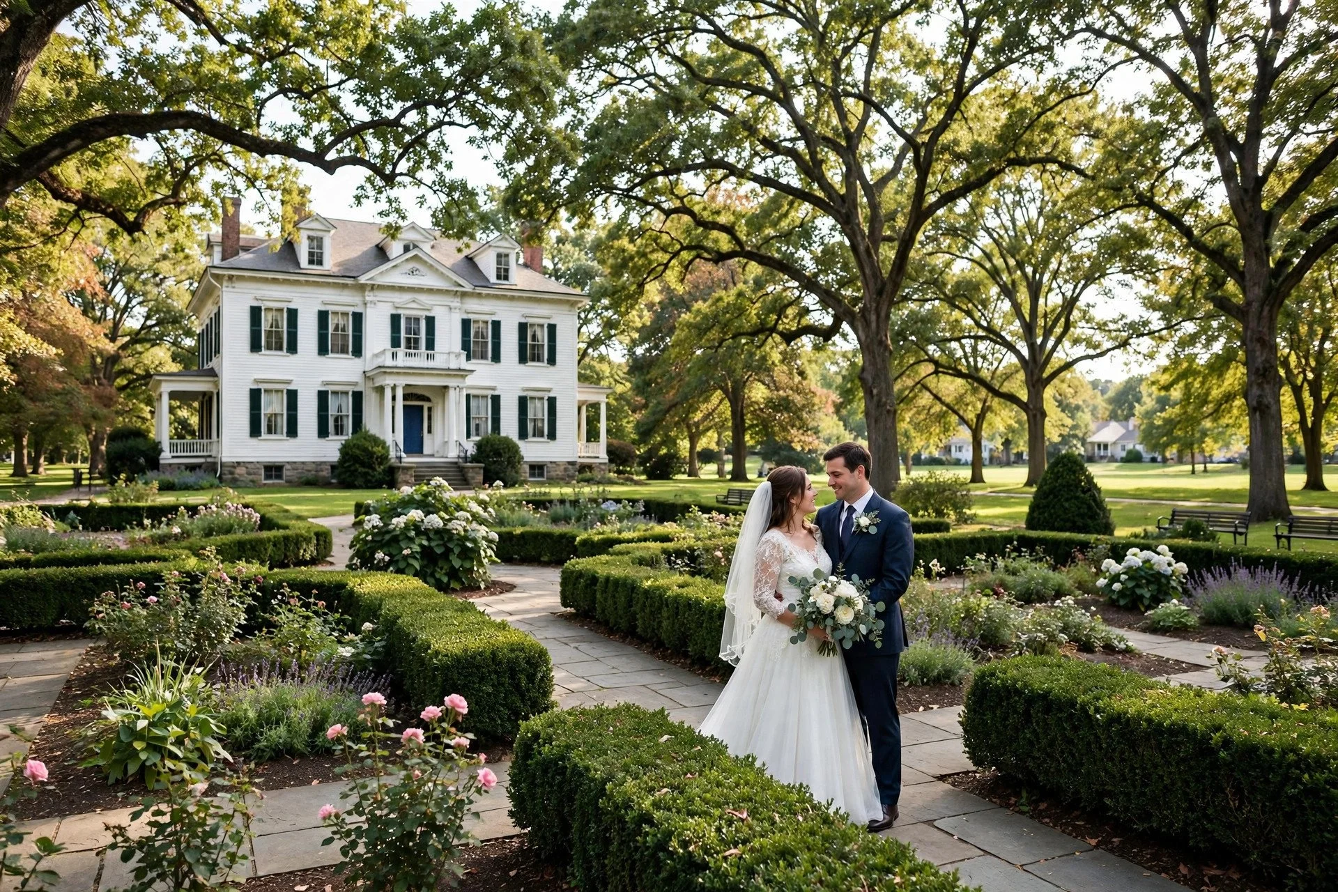 Bride and groom in Wilder Park outside Wilder Mansion in Elmhurst, Illinois, with formal gardens, oak trees and a historic white mansion