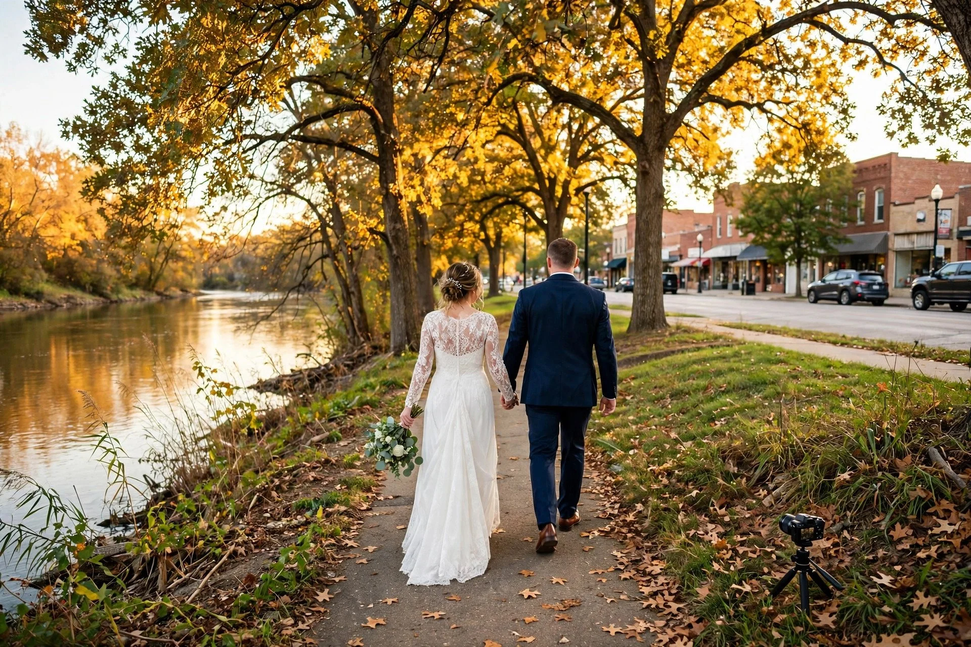 Bride and groom walking beside the Fox River in North Aurora, Illinois at golden hour, with oak trees, a brick main street and a small DSLR camera on a tripod filming discreetly
