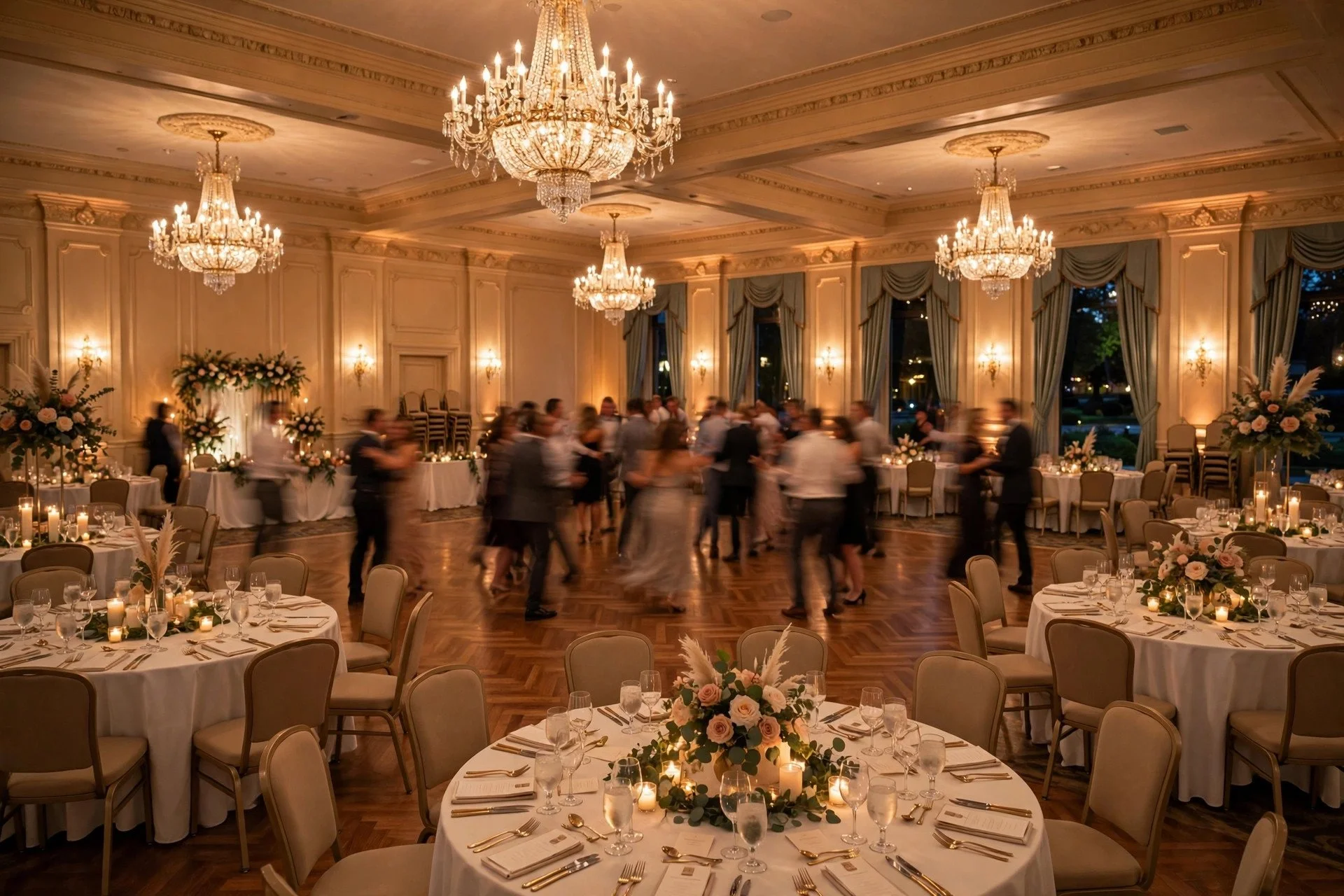 Elegant wedding reception inside a grand ballroom in Bolingbrook, Illinois, with chandeliers, round tables and guests dancing
