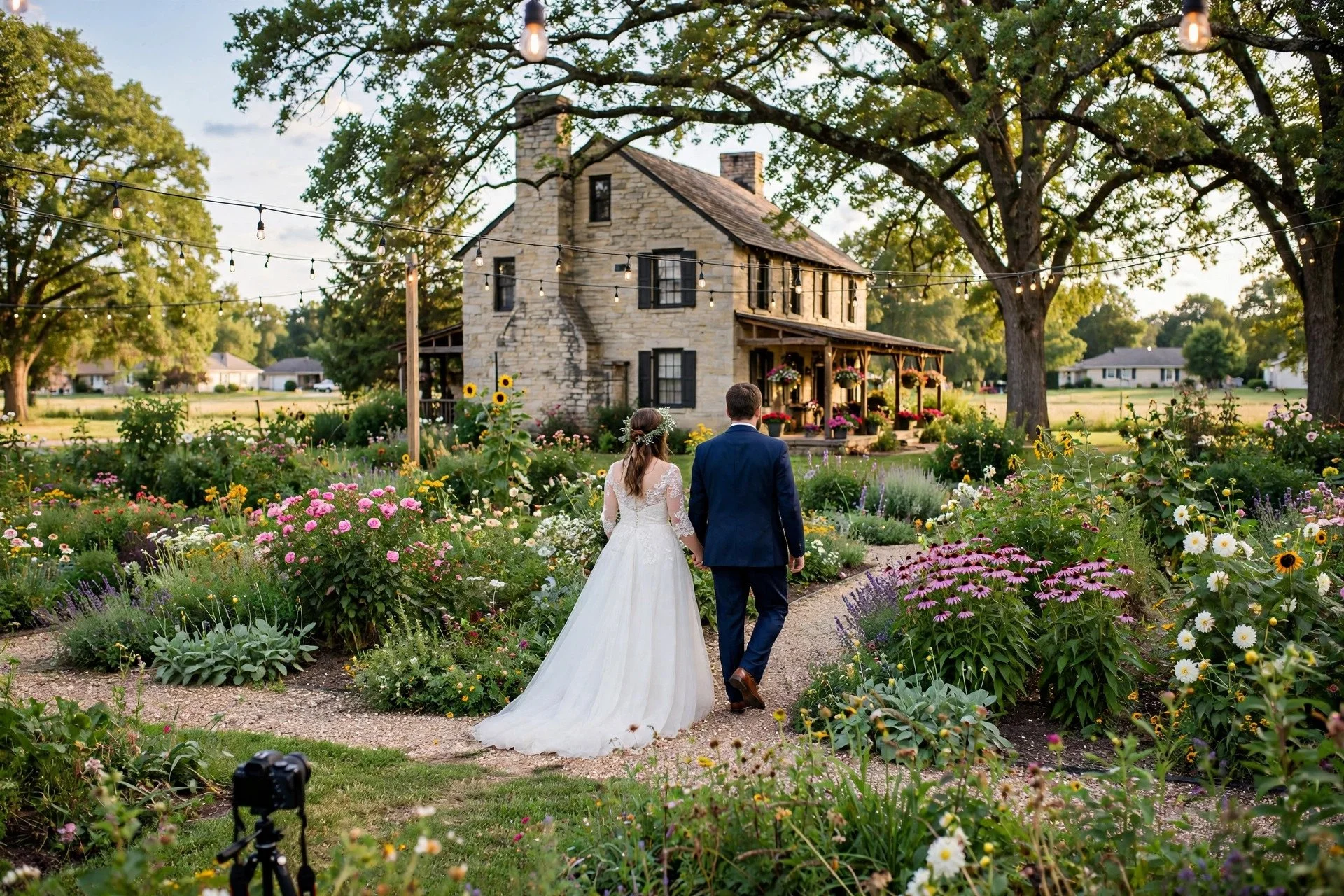 Bride and groom walking through gardens at a historic limestone farmhouse wedding venue in Plainfield, Illinois, with string lights and oak trees and a small DSLR camera on a tripod filming discreetly