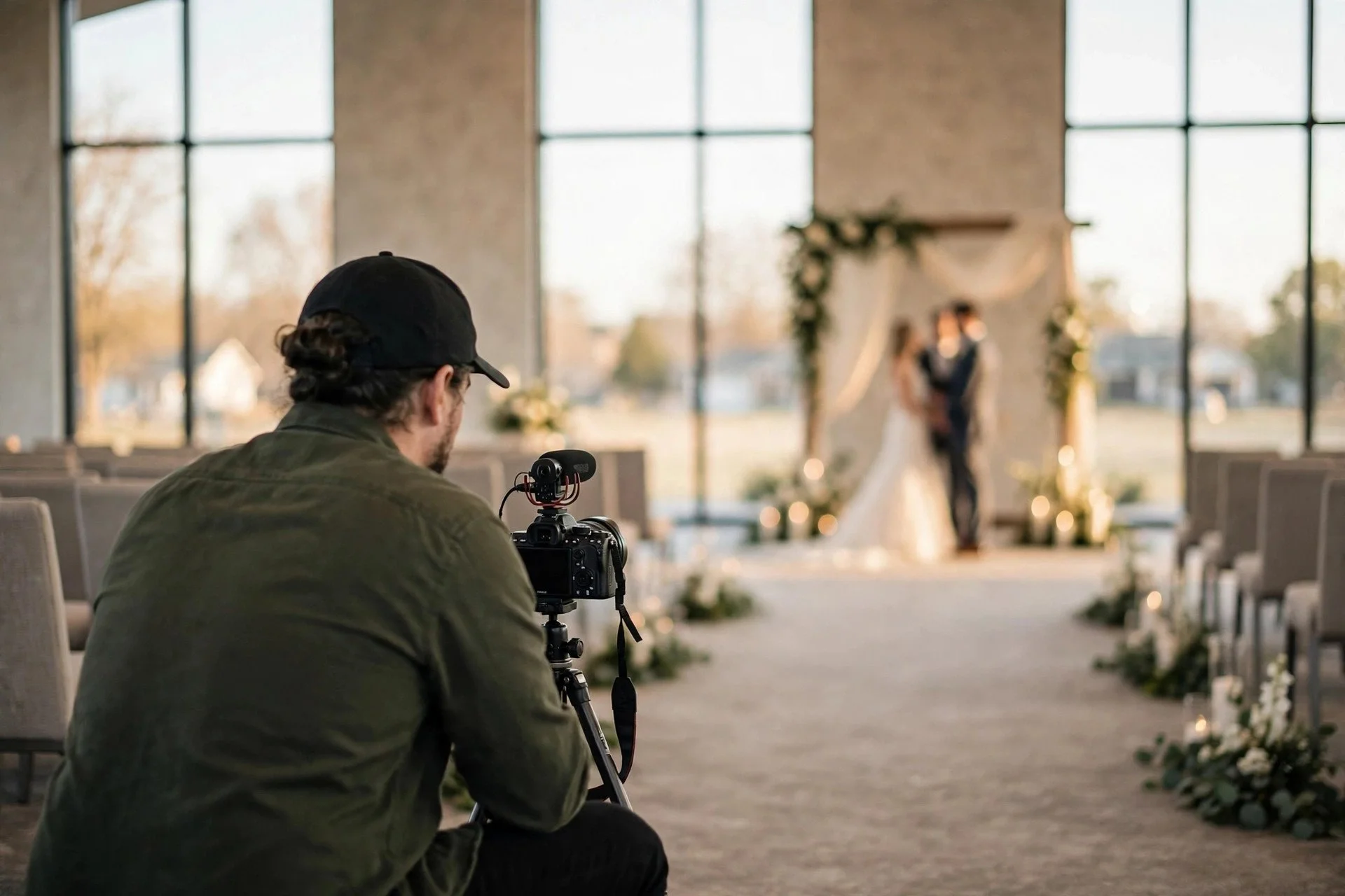 Wedding videographer filming a ceremony with a small DSLR camera on a tripod in a modern American ballroom