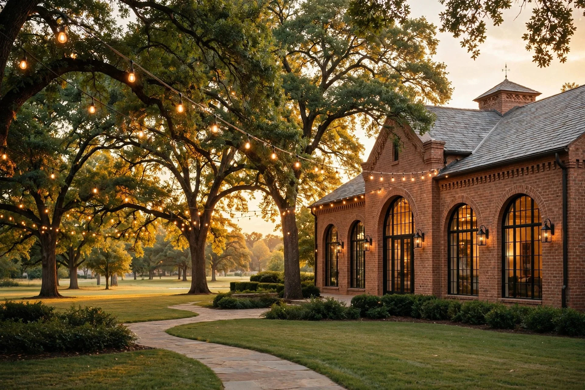 Brick wedding venue building with string lights and oak trees at golden hour in Westmont, Illinois