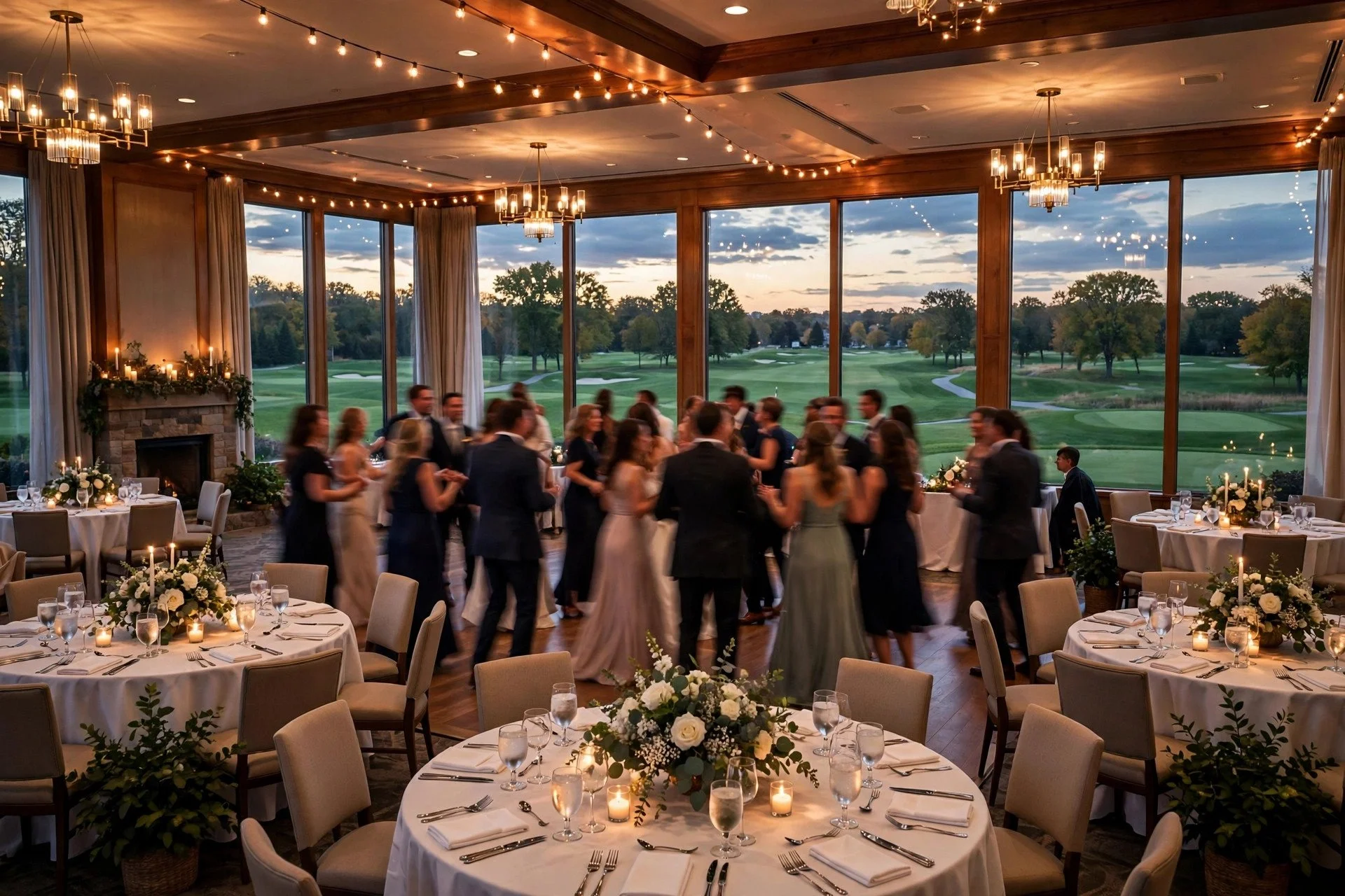 Elegant wedding reception inside a golf club ballroom in West Chicago, Illinois, with floor-to-ceiling windows overlooking green fairways, round tables and guests dancing