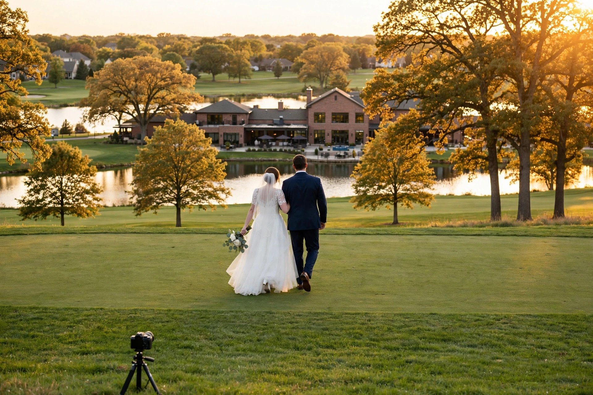 Bride and groom walking on a golf course fairway at Bolingbrook Golf Club in Bolingbrook, Illinois, with clubhouse and lake behind them and a small DSLR camera on a tripod filming discreetly