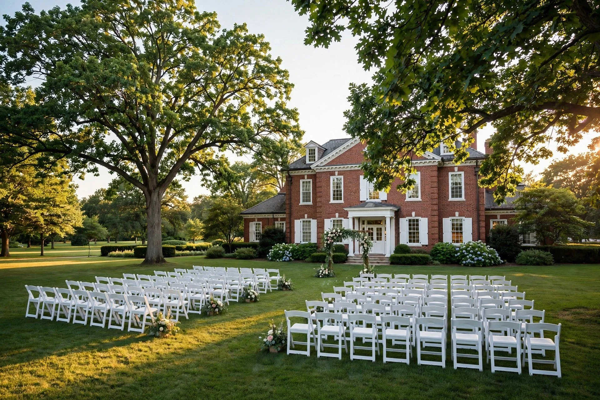 Outdoor wedding ceremony setup on a manicured lawn in front of a brick Chicago-area venue, with white chairs and oak trees in golden afternoon light.