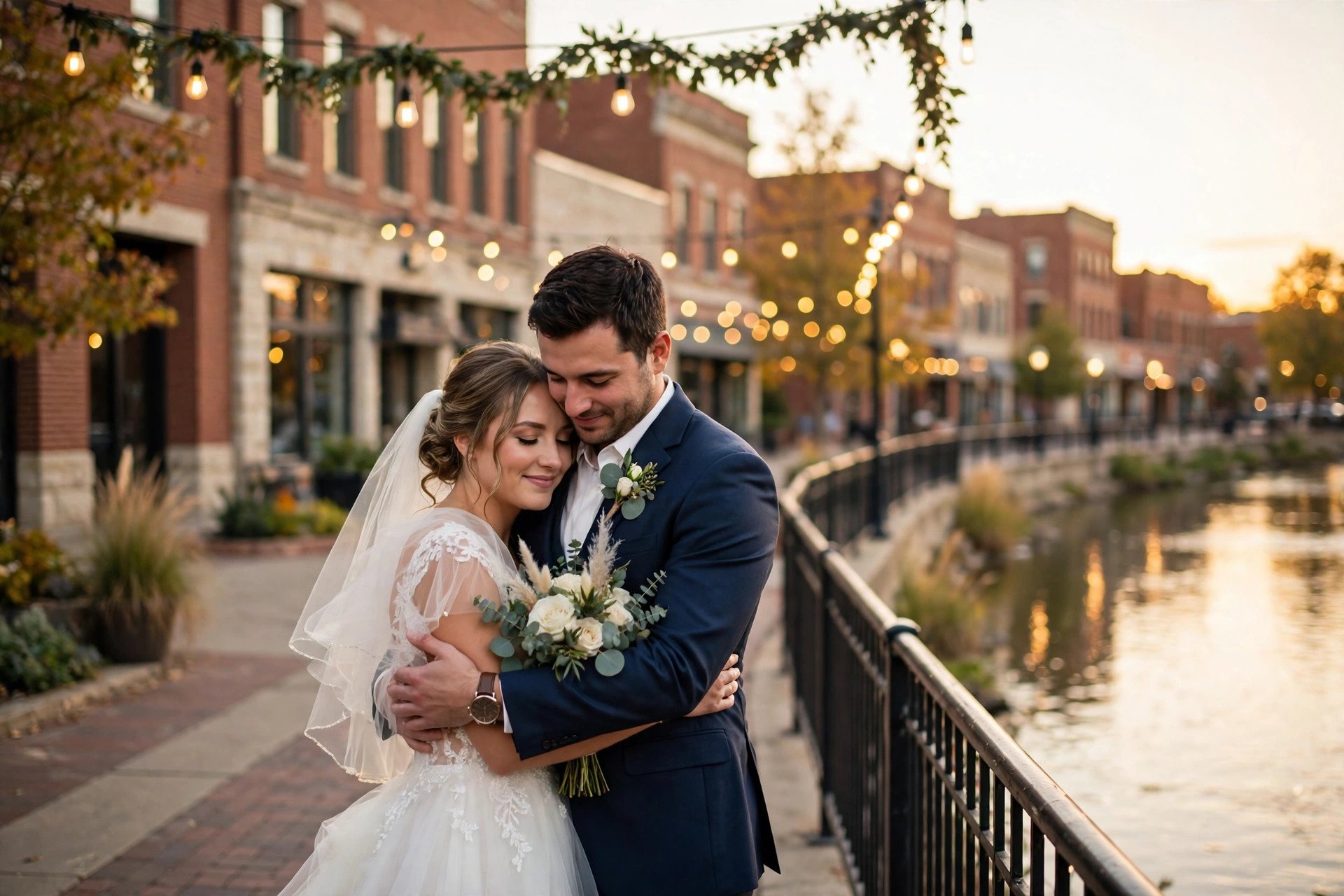 Bride and groom on a downtown riverwalk with brick buildings and string lights at golden hour