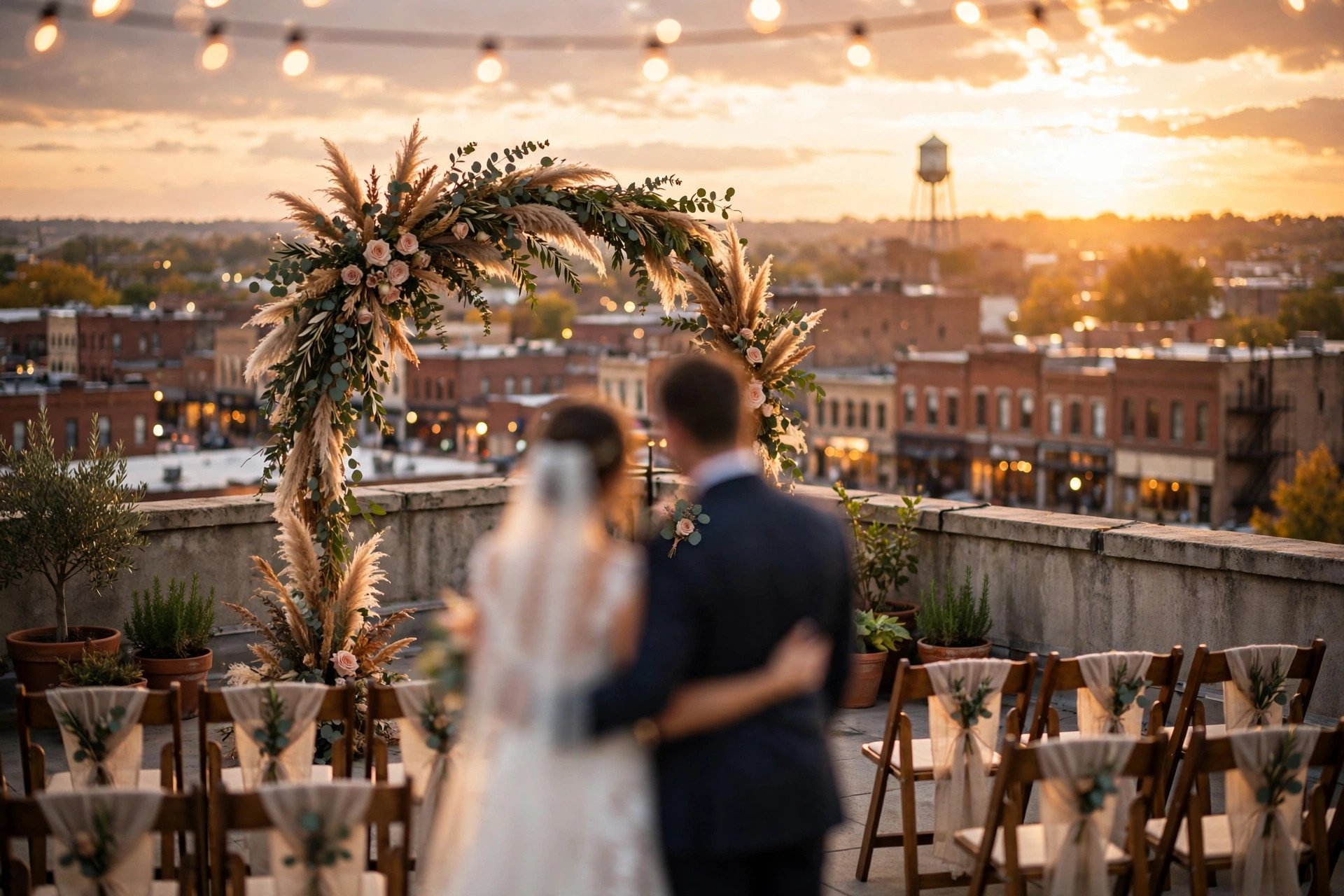 Rooftop wedding ceremony at sunset overlooking a Midwestern downtown