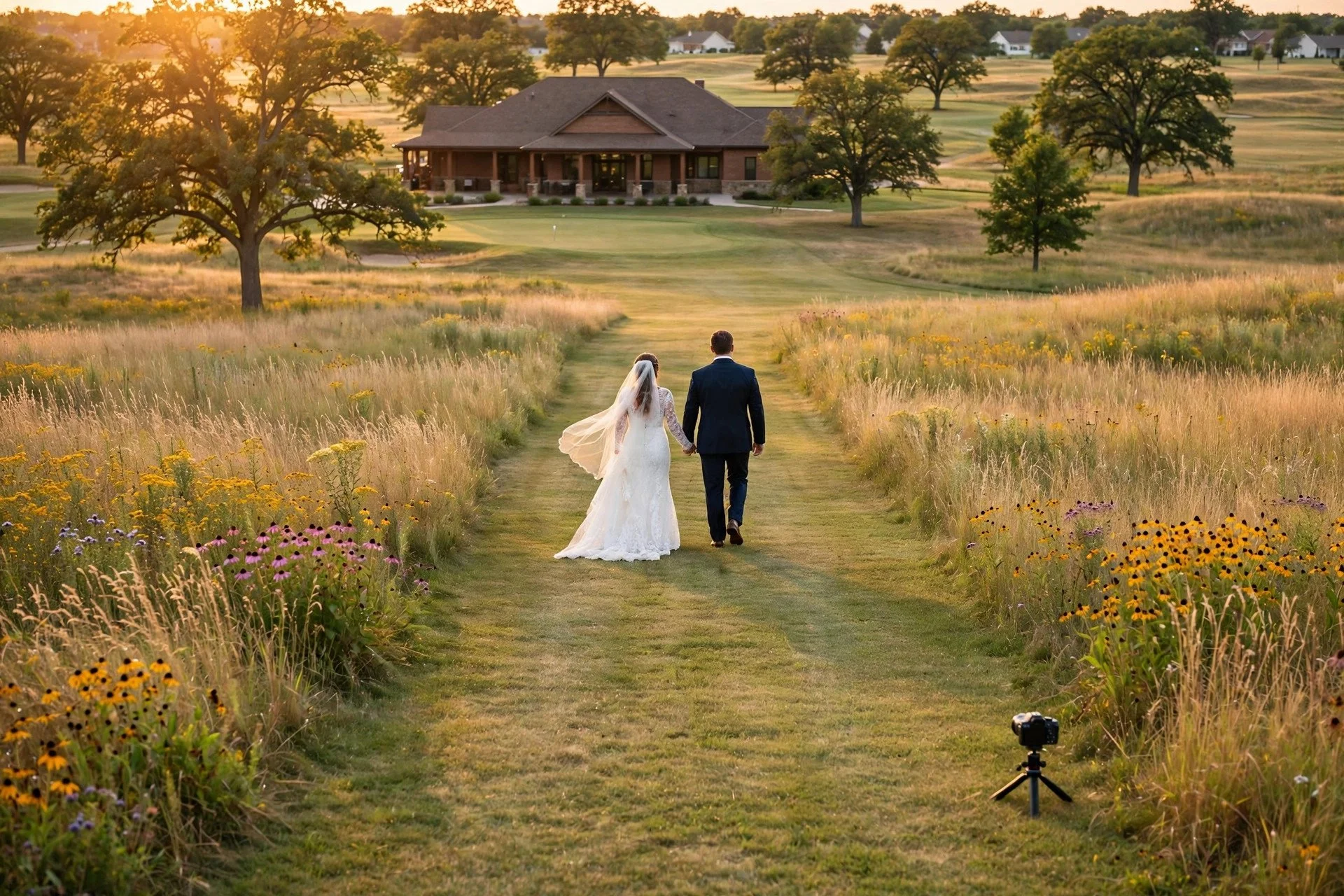 Bride and groom walking across a prairie-style golf course fairway in West Chicago, Illinois at golden hour, with native grasses, oak trees and a small DSLR camera on a tripod filming discreetly