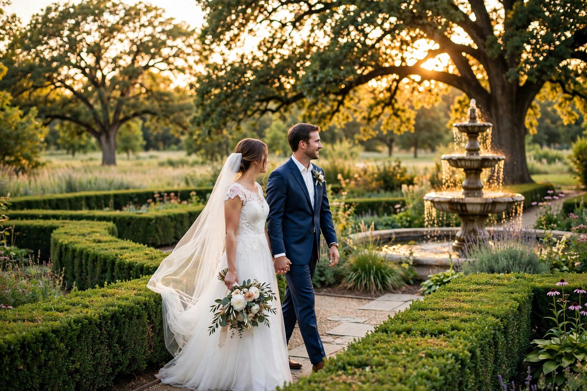 Bride and groom walking through formal botanical gardens at golden hour