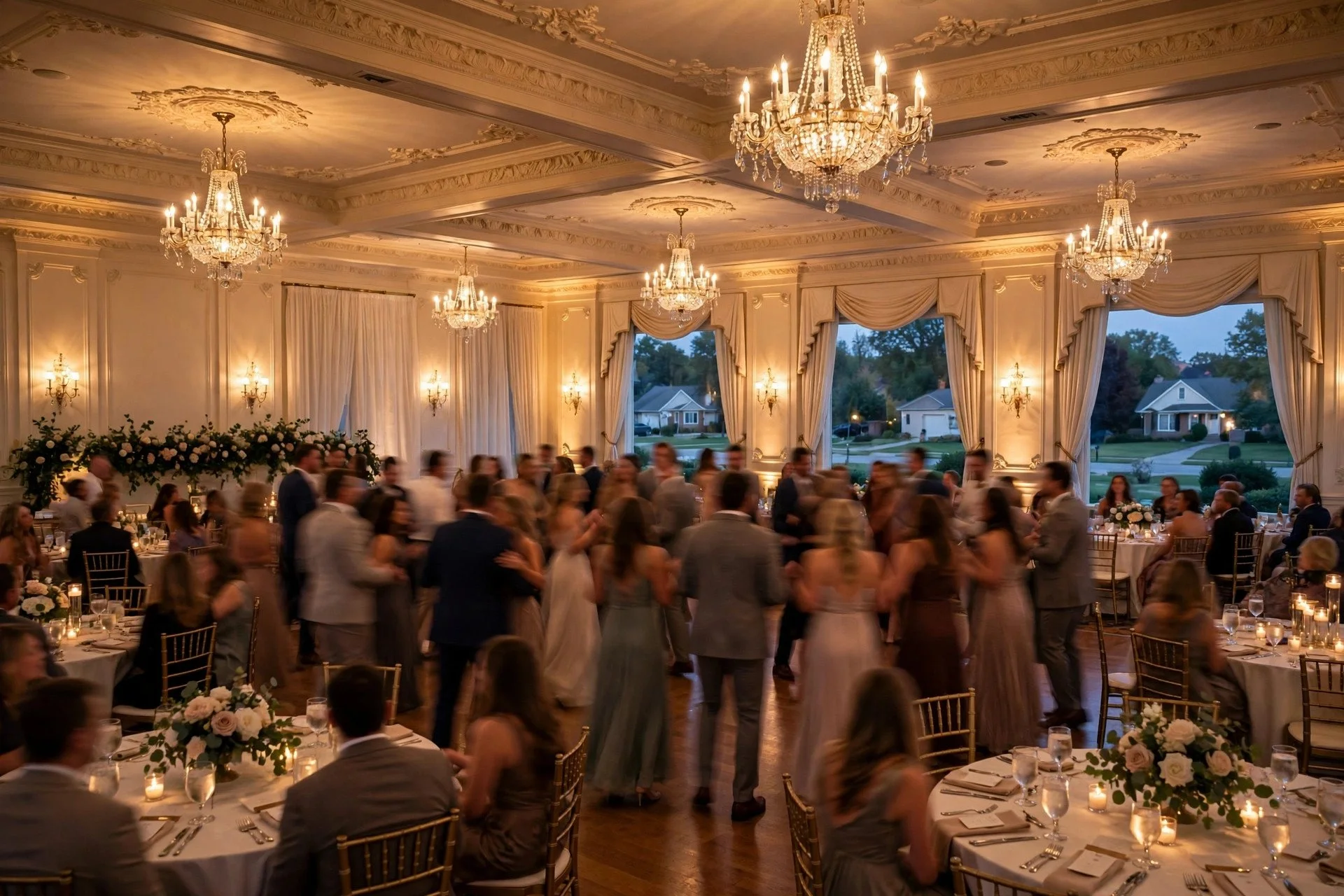 Elegant wedding reception inside a grand ballroom in Glen Ellyn, Illinois, with chandeliers, round tables and guests dancing in the western suburbs