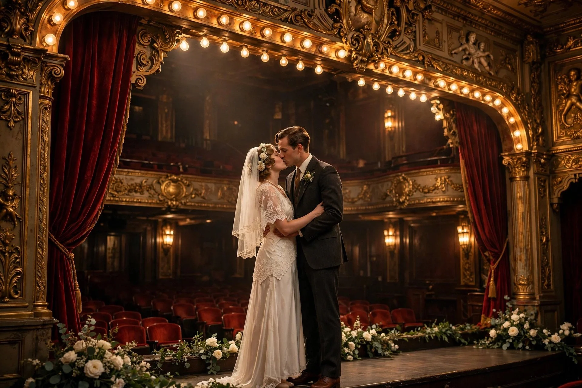 Bride and groom kissing on the stage of a historic ornate theater with marquee lights and red velvet curtains