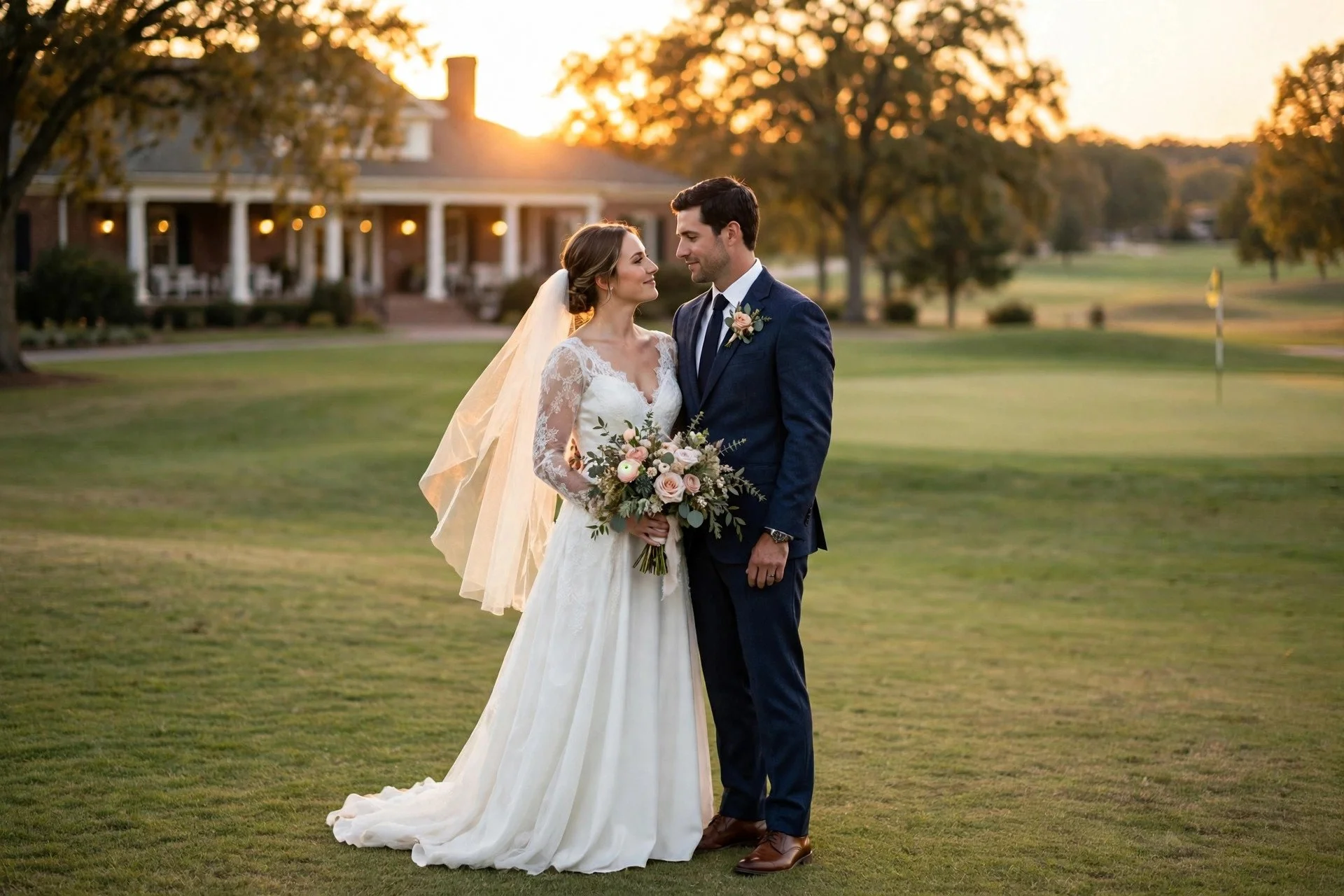 Bride and groom at sunset on a manicured golf course