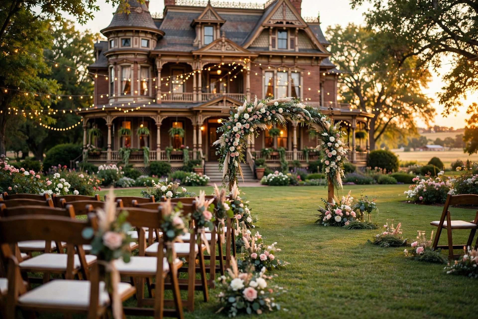 Outdoor garden wedding ceremony at a Victorian mansion estate with string lights