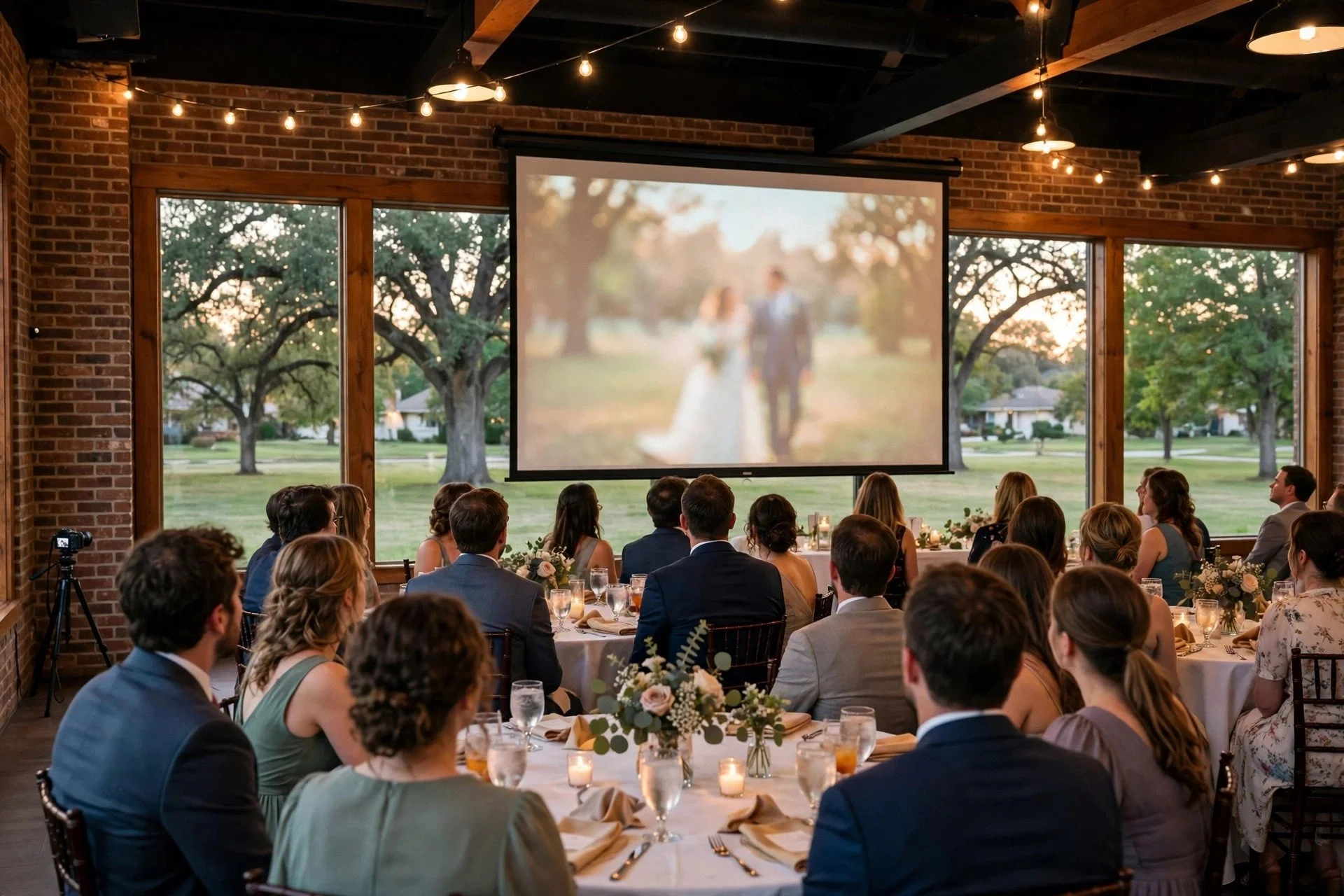 Wedding guests watching a short same-day highlight film on a screen at a suburban Midwest ballroom reception, with a small DSLR camera on a tripod nearby and oak trees visible through the windows.