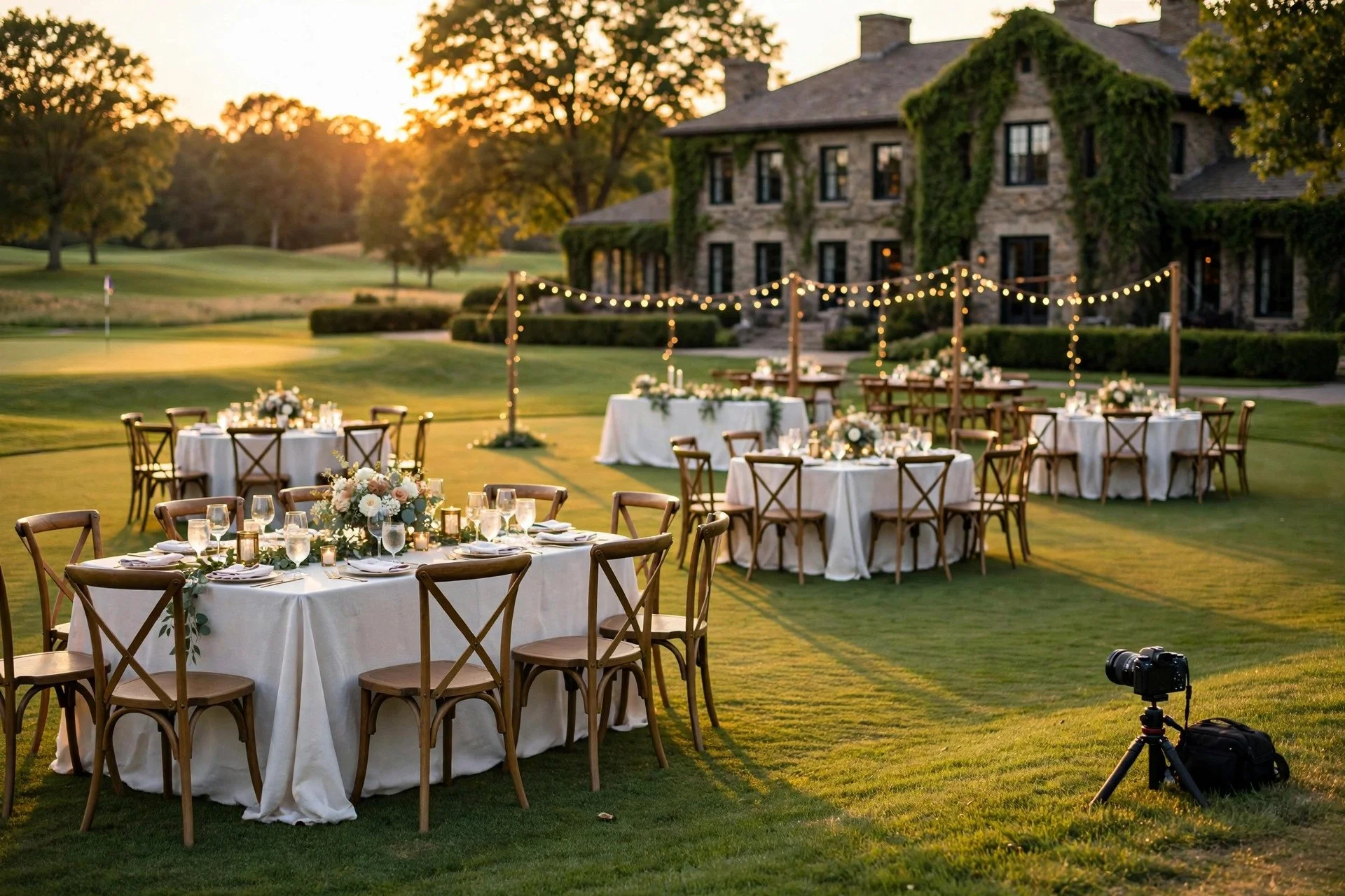 Elegant wedding reception on manicured golf course greens at a Barrington country club at golden hour, with a small DSLR camera on a tripod filming discreetly