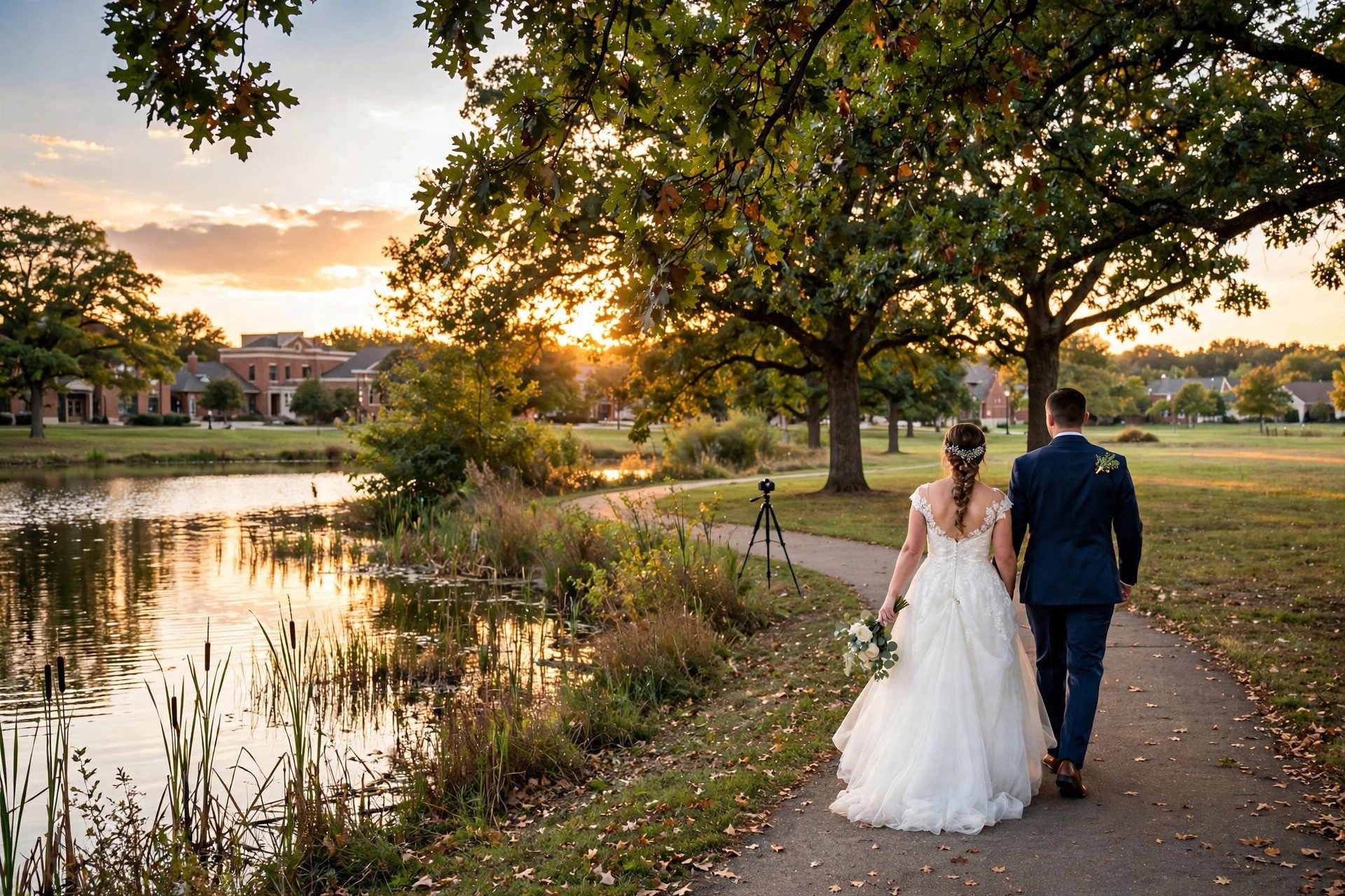 Bride and groom walking beside a small lake at sunset in Carol Stream, Illinois, with oak trees, suburban parkland and a small DSLR camera on a tripod filming discreetly in the background