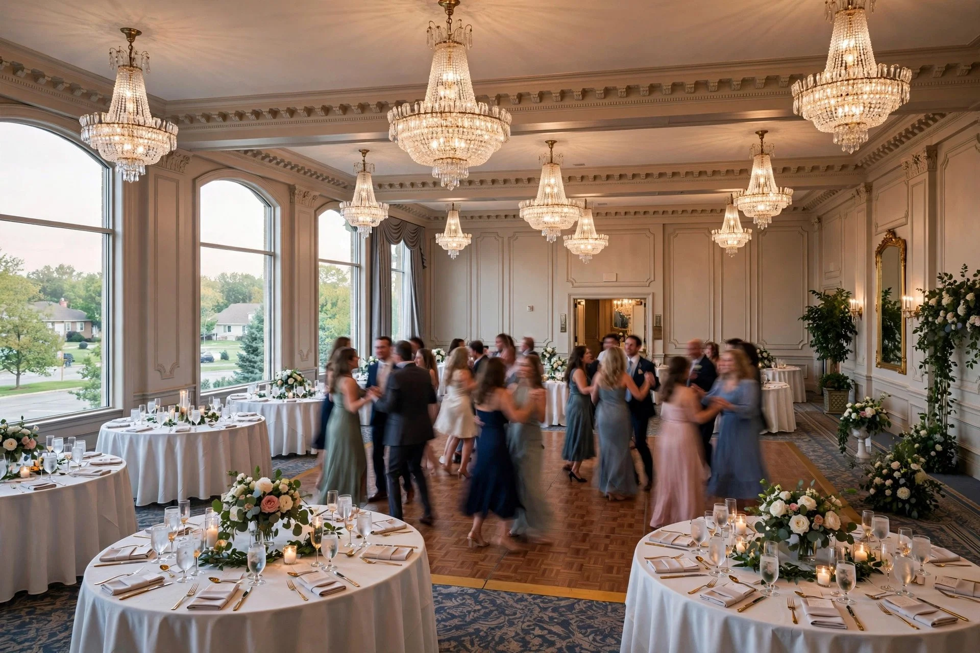 Elegant wedding reception inside a hotel ballroom in Lisle, Illinois, with chandeliers, round tables and guests dancing in the western suburbs
