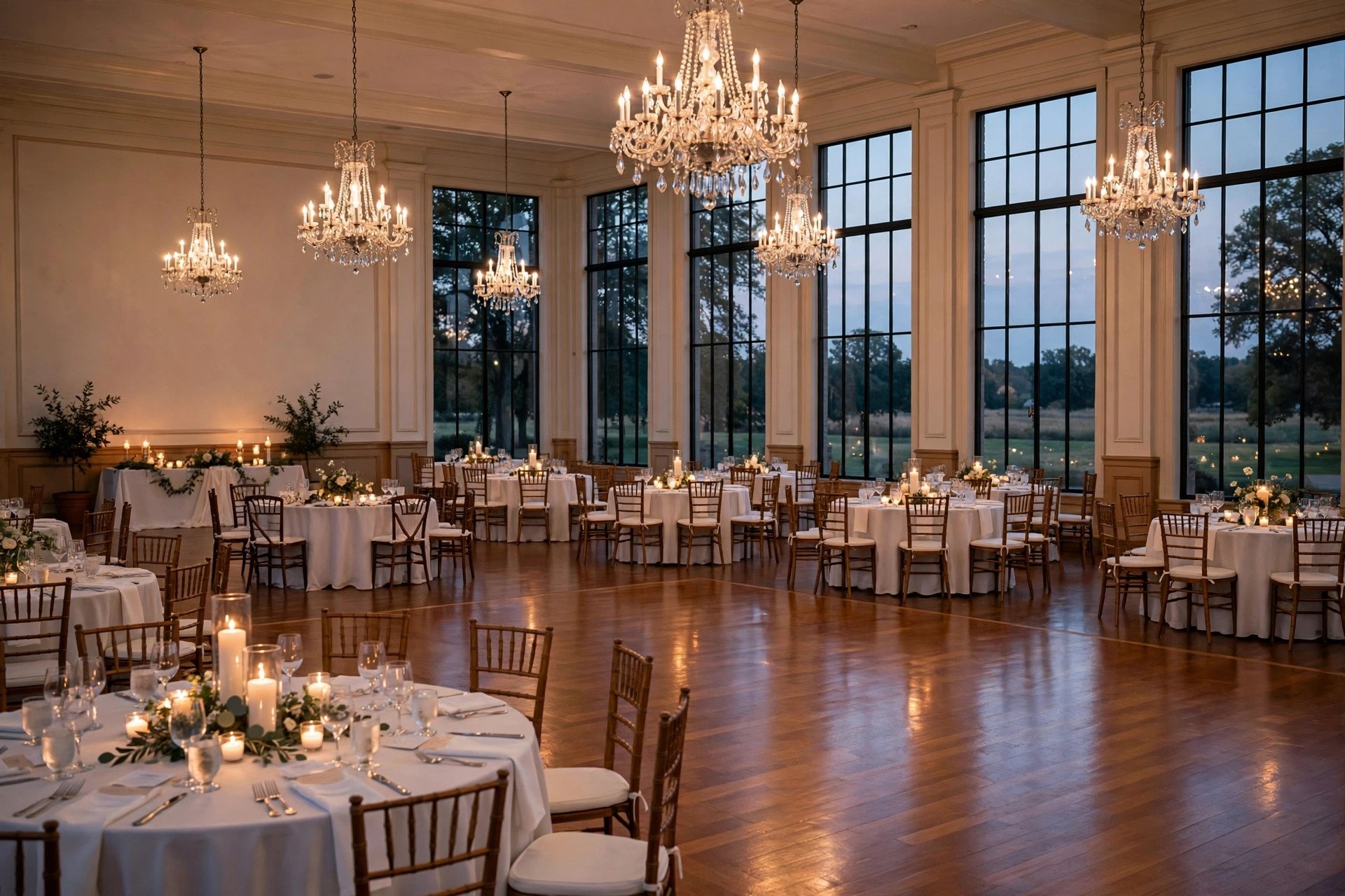 Elegant American ballroom wedding reception setup with crystal chandeliers, candlelit tables, and a wood dance floor