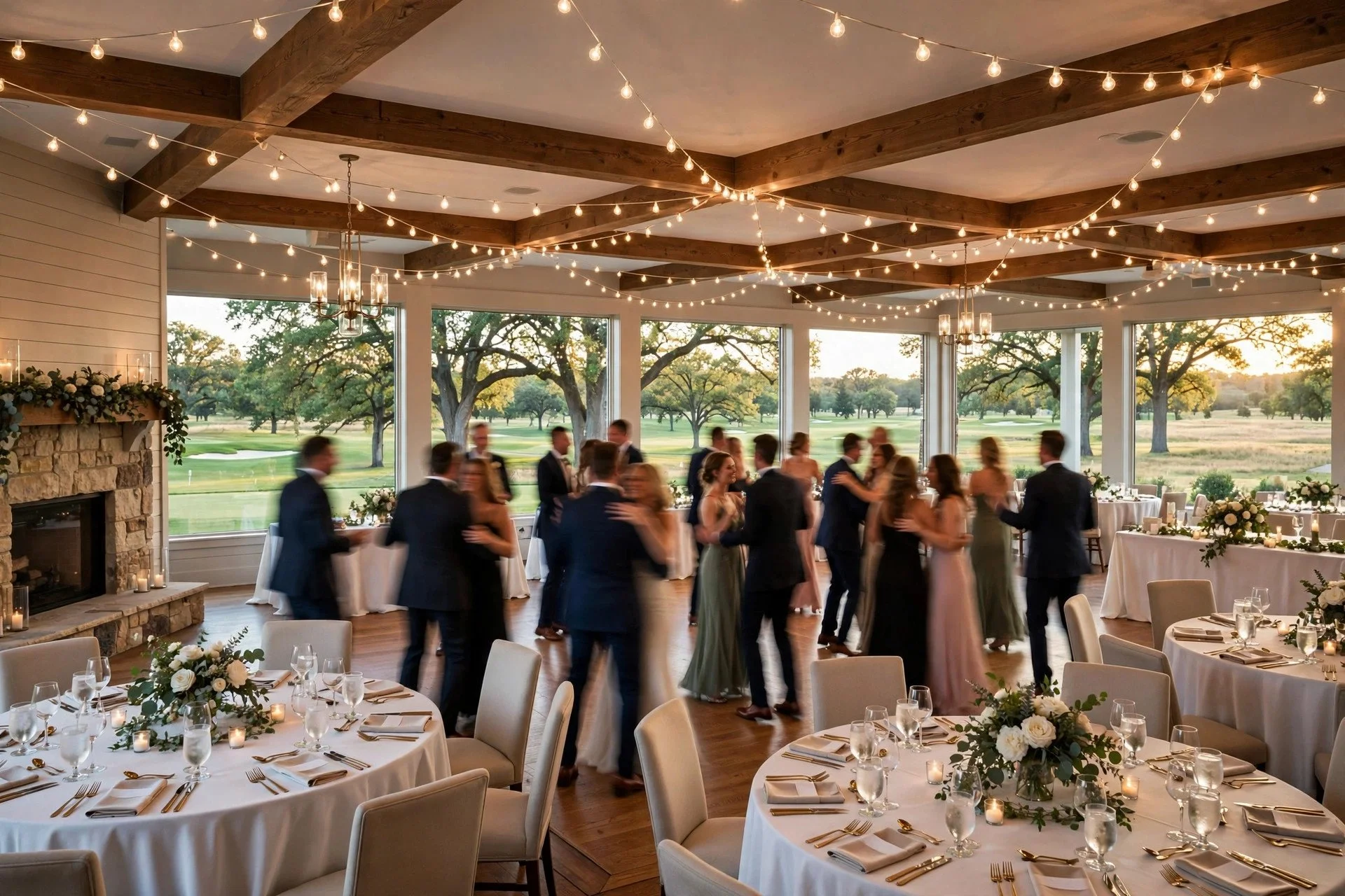 Elegant wedding reception inside a golf course clubhouse ballroom near North Aurora, Illinois, with round tables, large windows overlooking green fairways and guests dancing