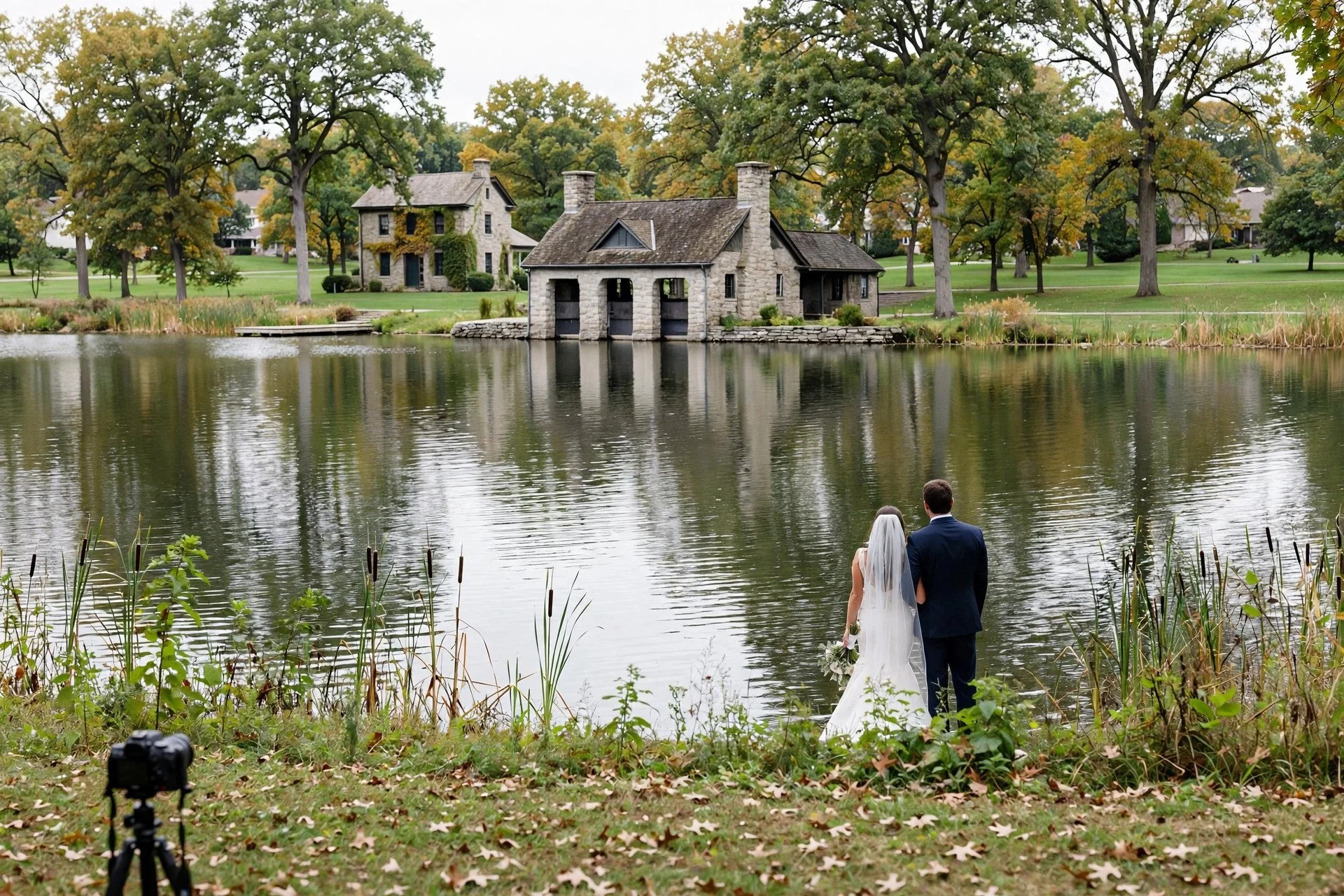 Bride and groom by Lake Ellyn in Glen Ellyn, Illinois, with the historic boathouse, oak trees and calm water, and a small DSLR camera on a tripod filming discreetly