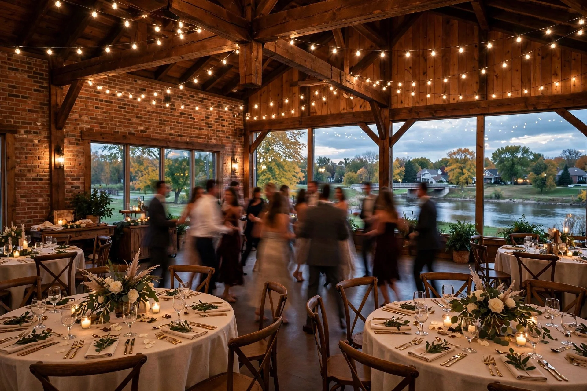 Elegant wedding reception inside a farm banquet hall near the Fox River in Oswego, Illinois, with string lights, round tables and guests dancing