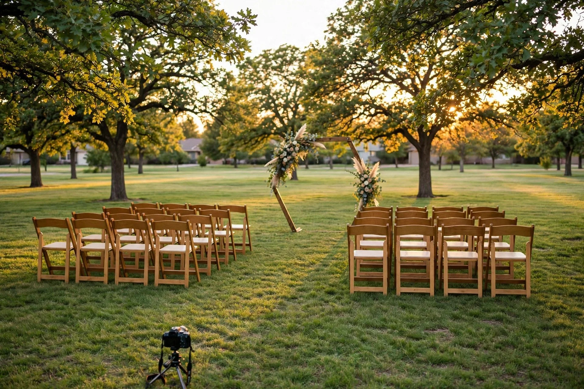 Outdoor wedding ceremony under oak trees at golden hour in Westmont, Illinois with a small DSLR camera on a tripod