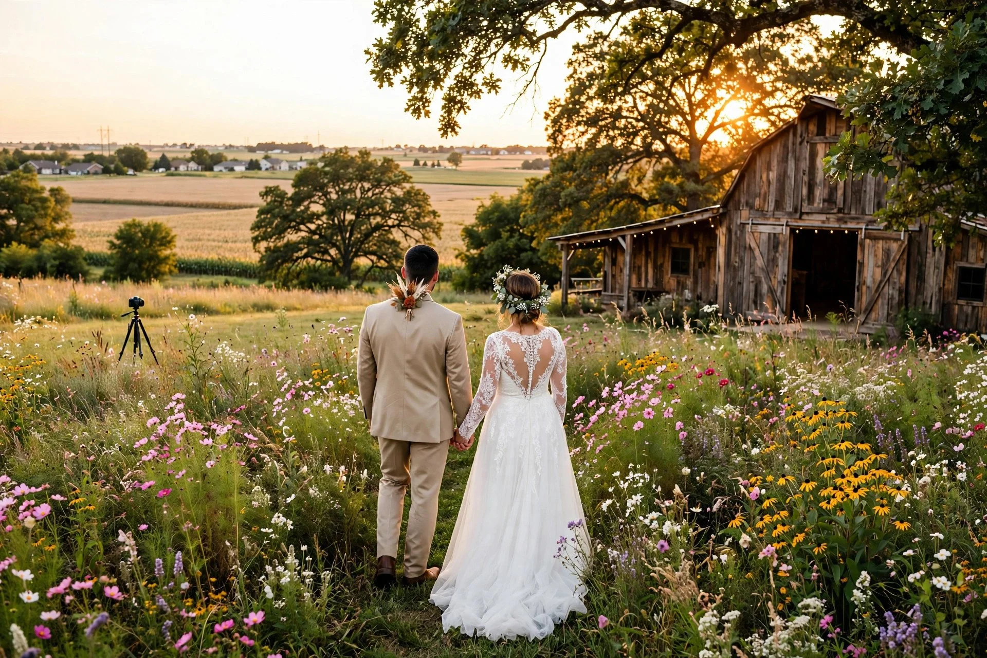 Bride and groom at golden hour in a flower field beside a rustic reclaimed-wood barn wedding venue in Oswego, Illinois, with oak trees and a small DSLR camera on a tripod filming discreetly