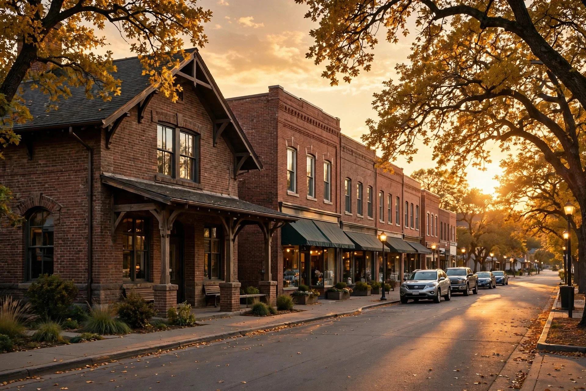 Brick storefronts and a historic train station along a tree-lined main street in downtown Palatine, Illinois at golden hour