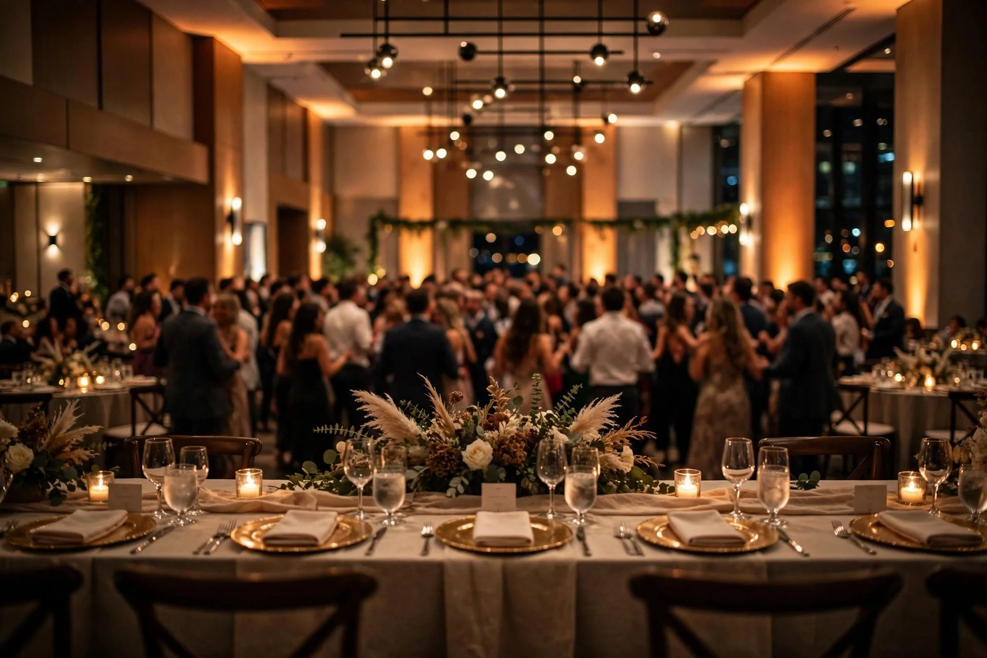 Grand hotel ballroom with sparkling chandeliers set for a wedding reception