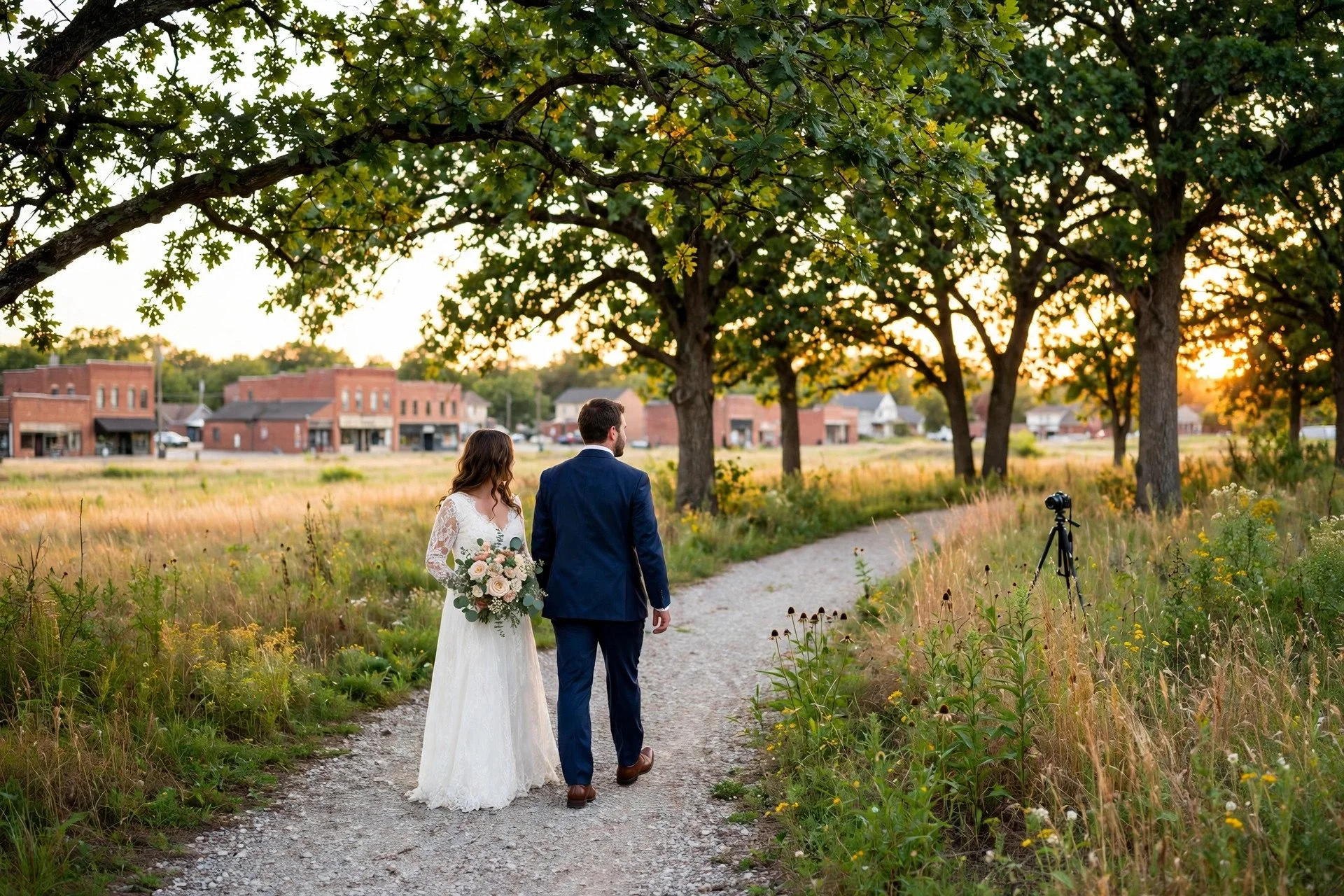 Bride and groom walking along the Illinois Prairie Path in Villa Park, Illinois, with mature oak trees, a brick downtown and a small DSLR camera on a tripod filming discreetly in the background