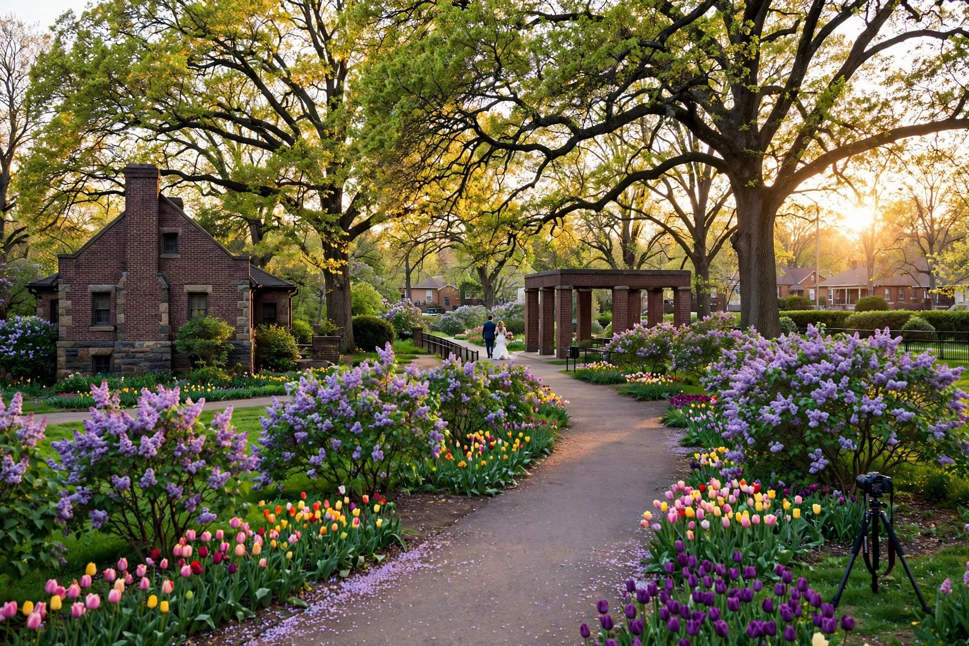 Bride and groom walking through lilacs and tulips in Lilacia Park in Lombard, Illinois, with a small DSLR camera on a tripod filming discreetly nearby
