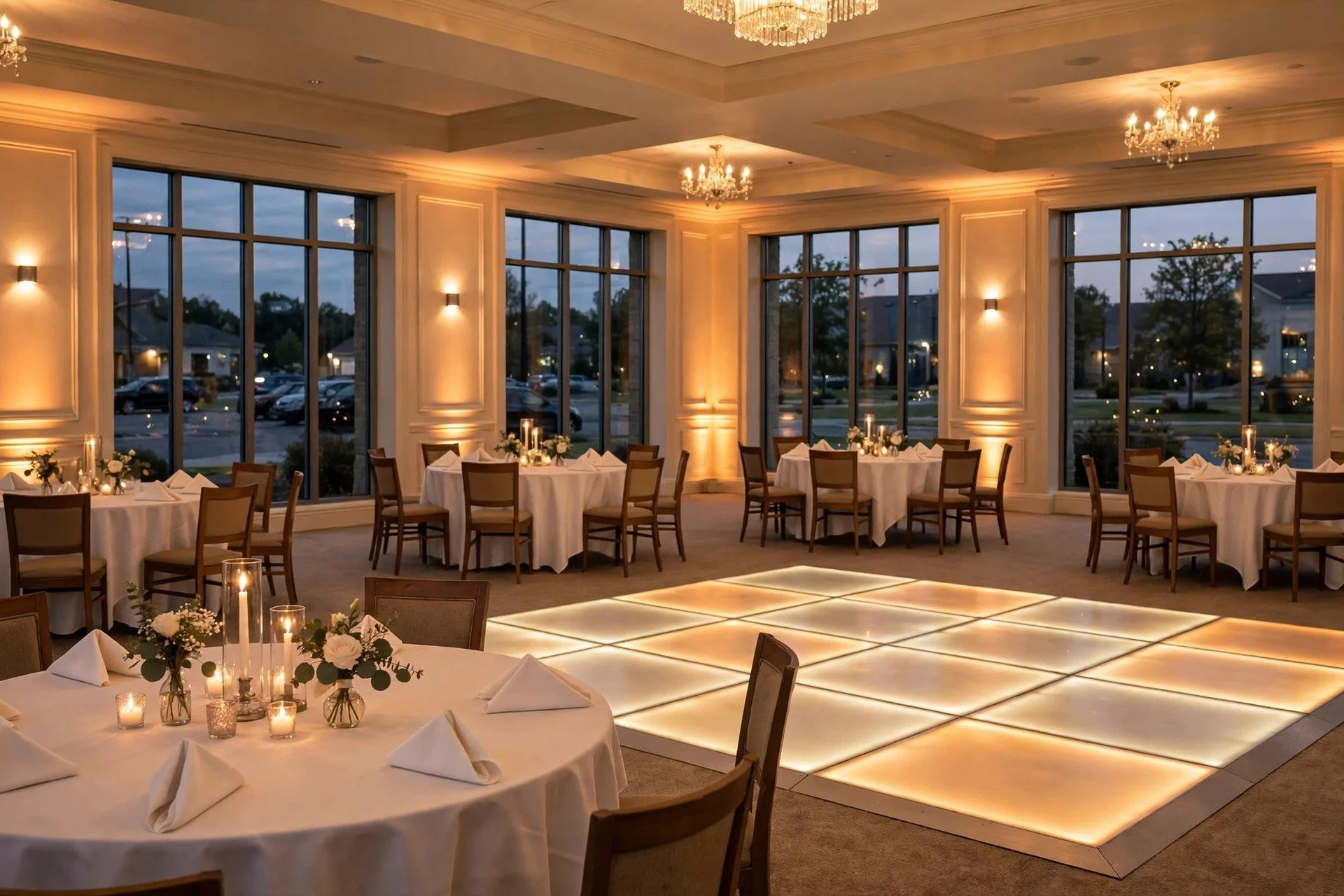Elegant wedding ballroom reception with lighted dance floor and chandeliers