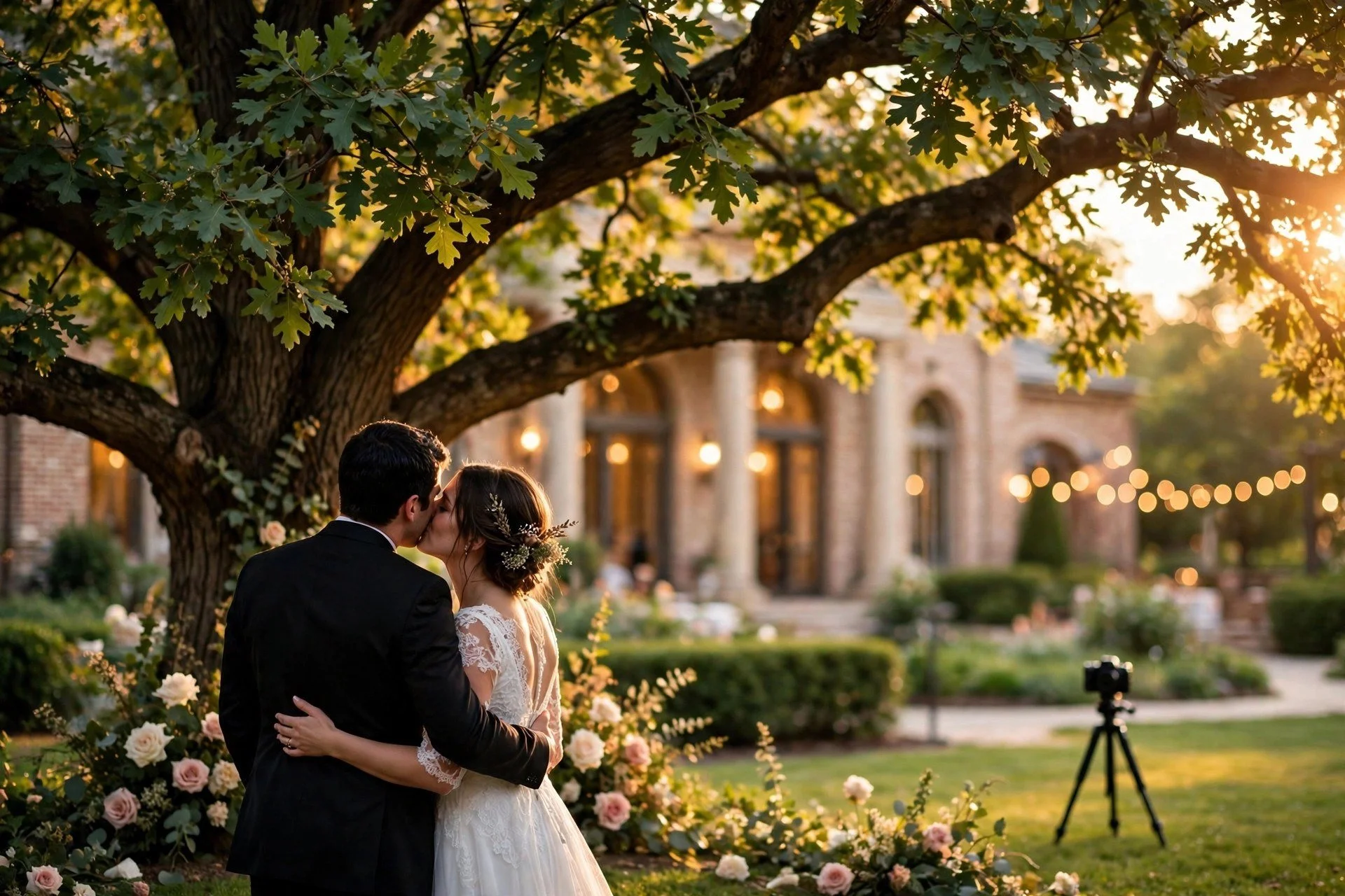Wedding couple sharing a kiss under a large oak tree at a suburban Midwest garden wedding, with a small camera on a tripod visible in the background.