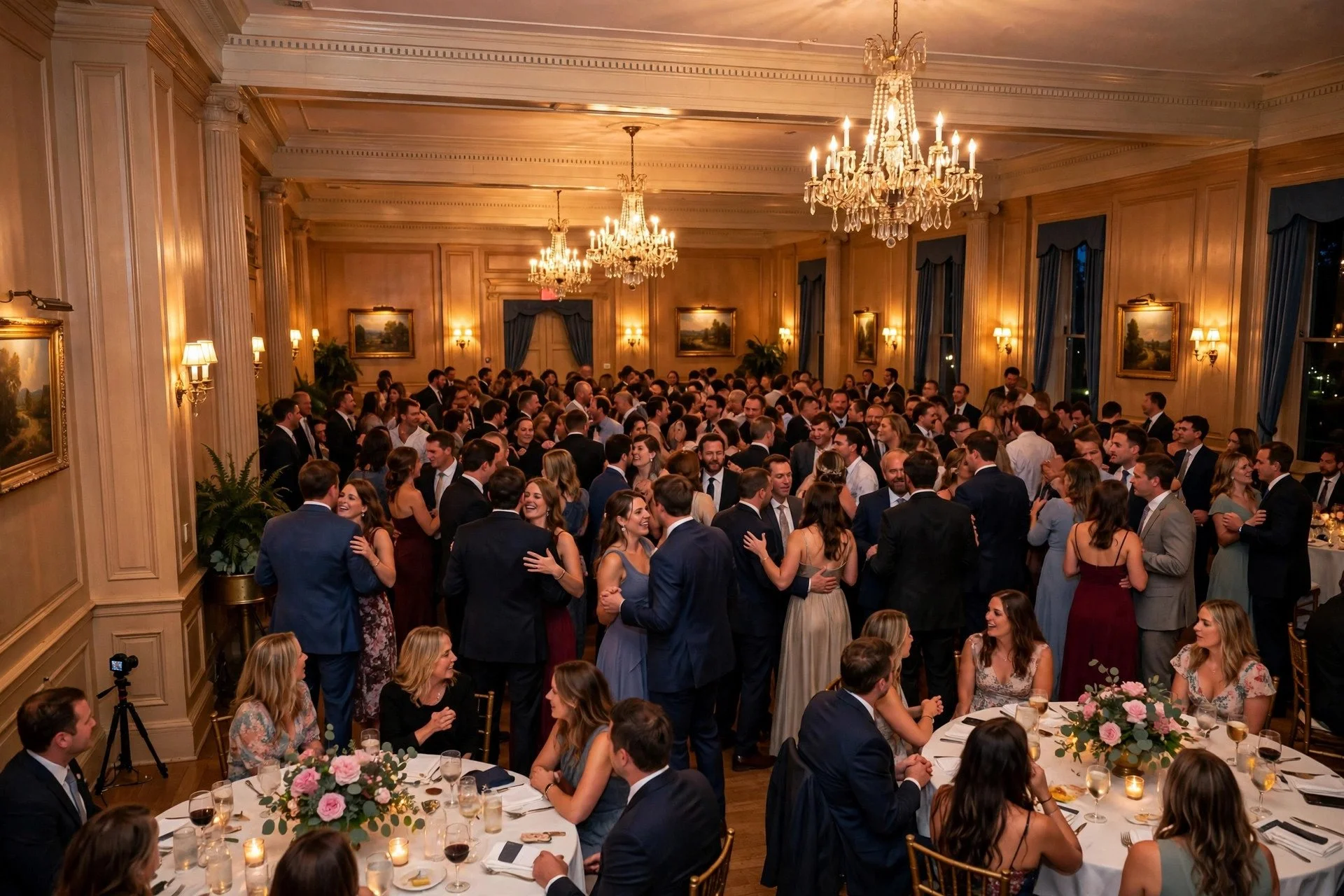 Elegant wedding reception in a country club ballroom in Elmhurst with warm light and a packed dance floor, a small DSLR camera on a tripod filming discreetly