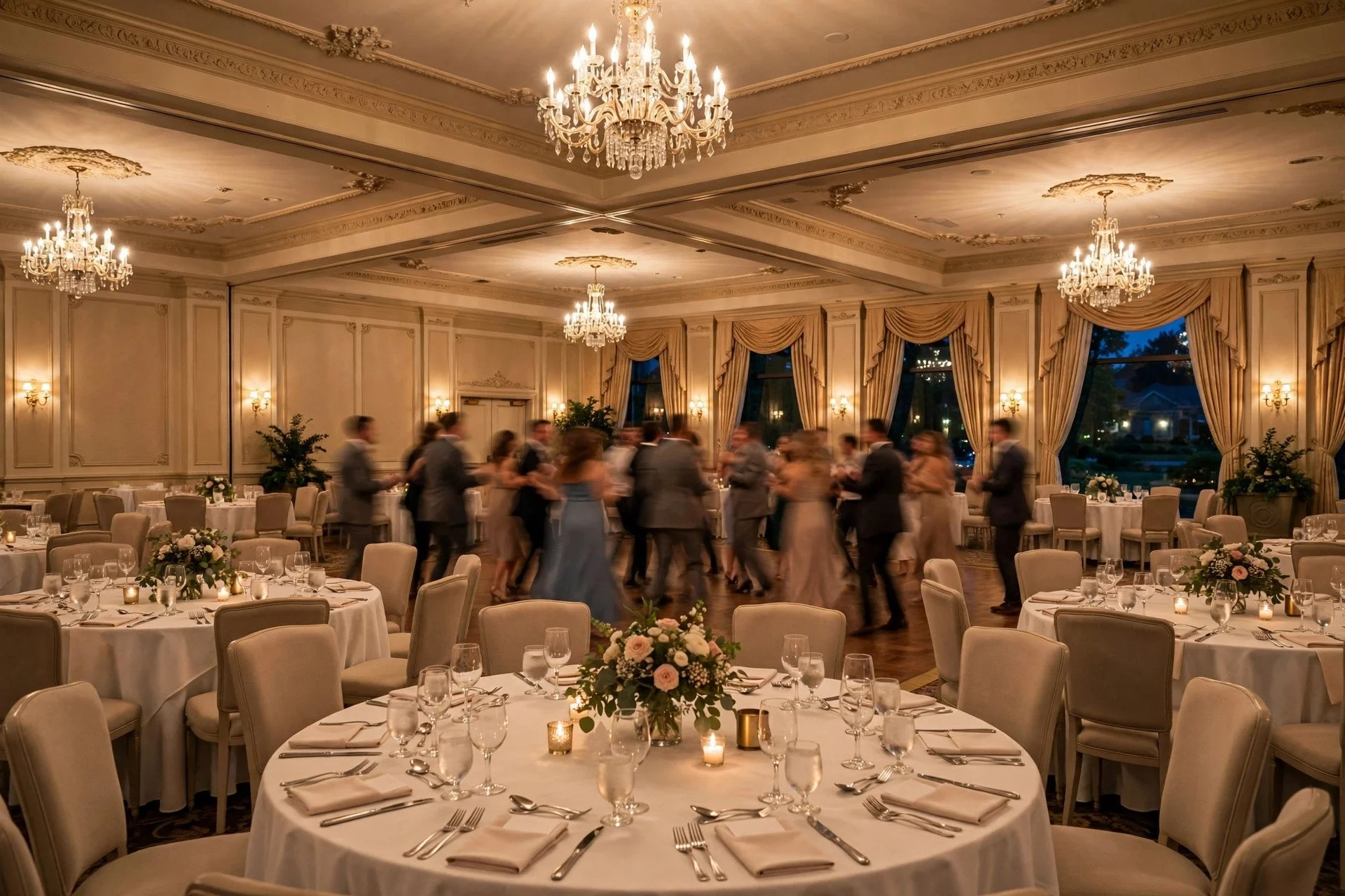 Warm wedding reception inside a grand ballroom in Tinley Park, Illinois, with chandeliers, round tables and guests dancing in the southwest suburbs