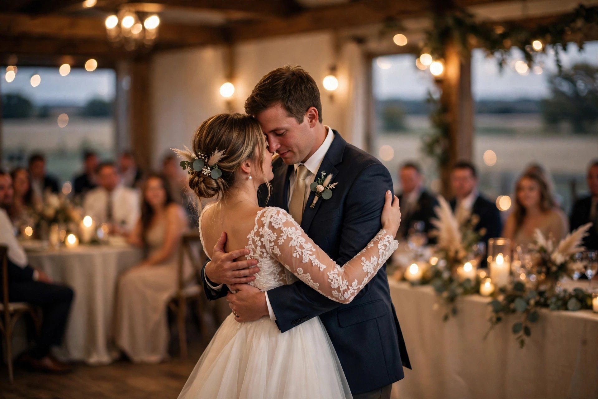 Bride and groom walking down a charming Midwest main street with brick storefronts