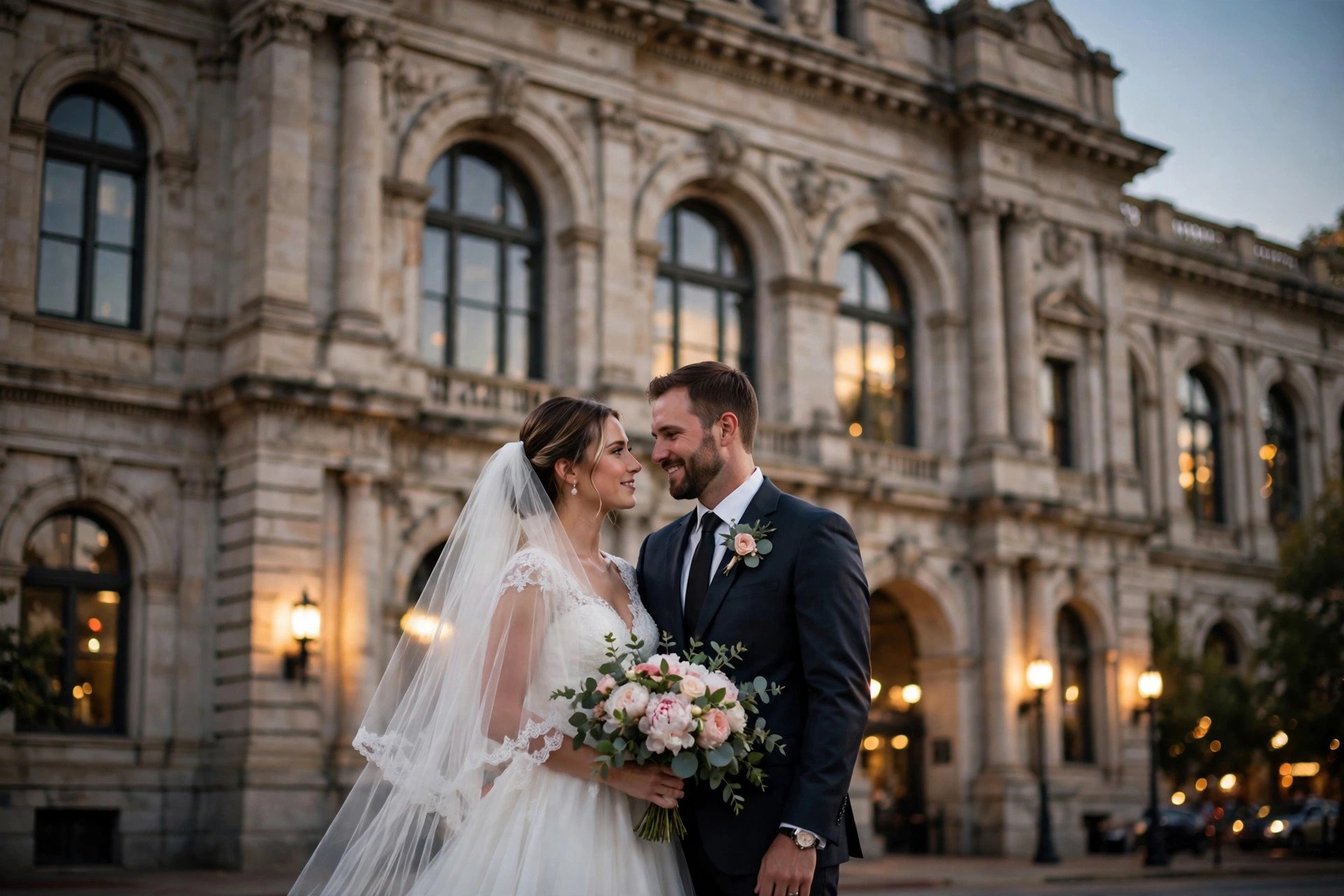 Bride and groom in front of a historic American train station with limestone facade
