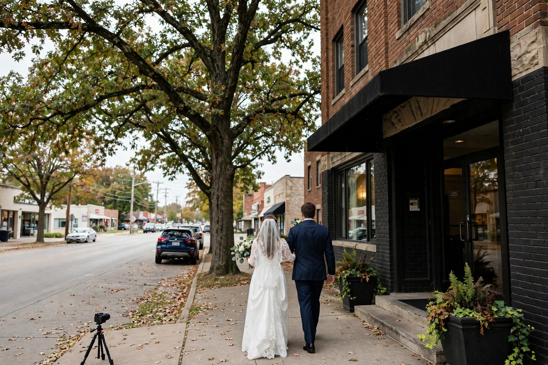 Bride and groom outside a brick hotel ballroom entrance on Cicero Avenue in Oak Lawn, Illinois, with mature trees and a small DSLR camera on a tripod filming discreetly