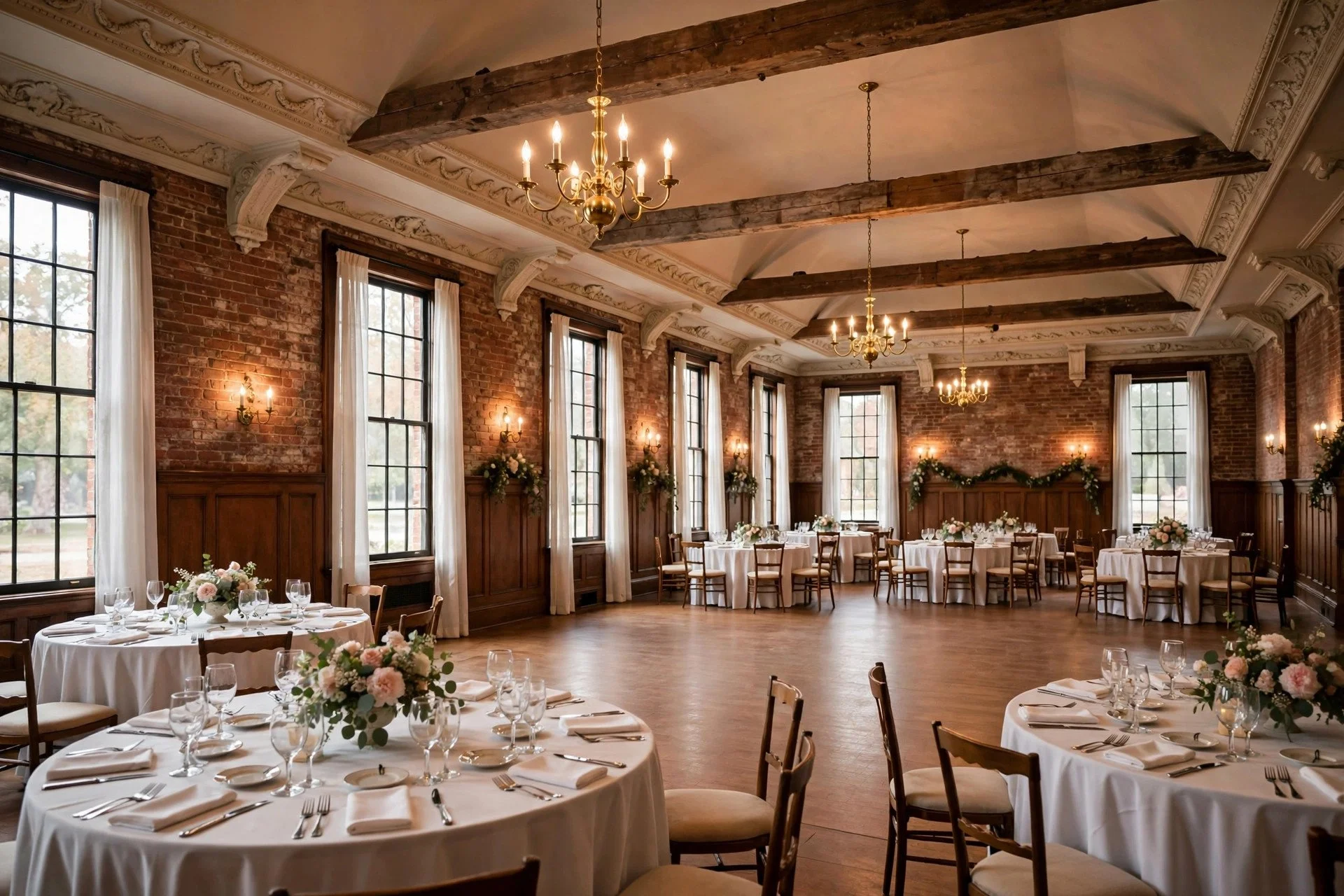 Historic brick ballroom with chandeliers set for a wedding reception