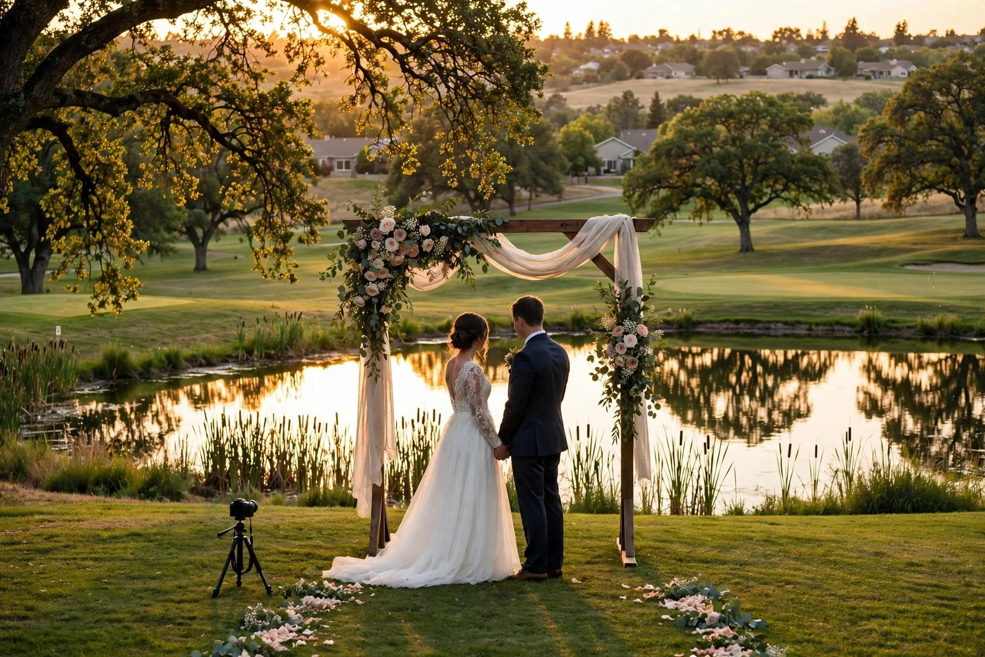 Bride and groom under a floral wedding arch at sunset beside a lake on a golf course, with a small camera on a tripod nearby