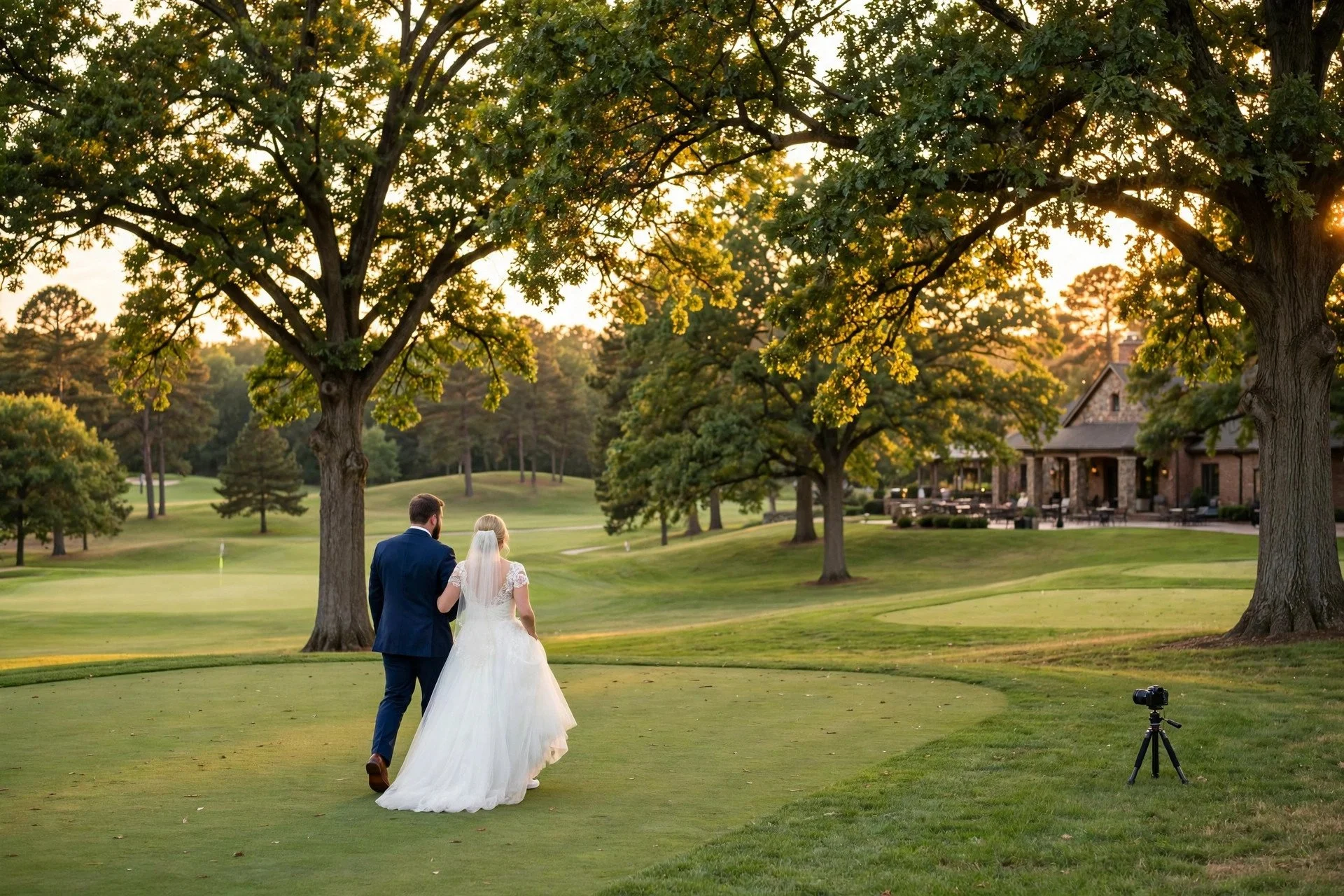 Bride and groom walking across the manicured greens at a Northbrook country club in Illinois at golden hour, with a small DSLR camera on a tripod filming discreetly nearby